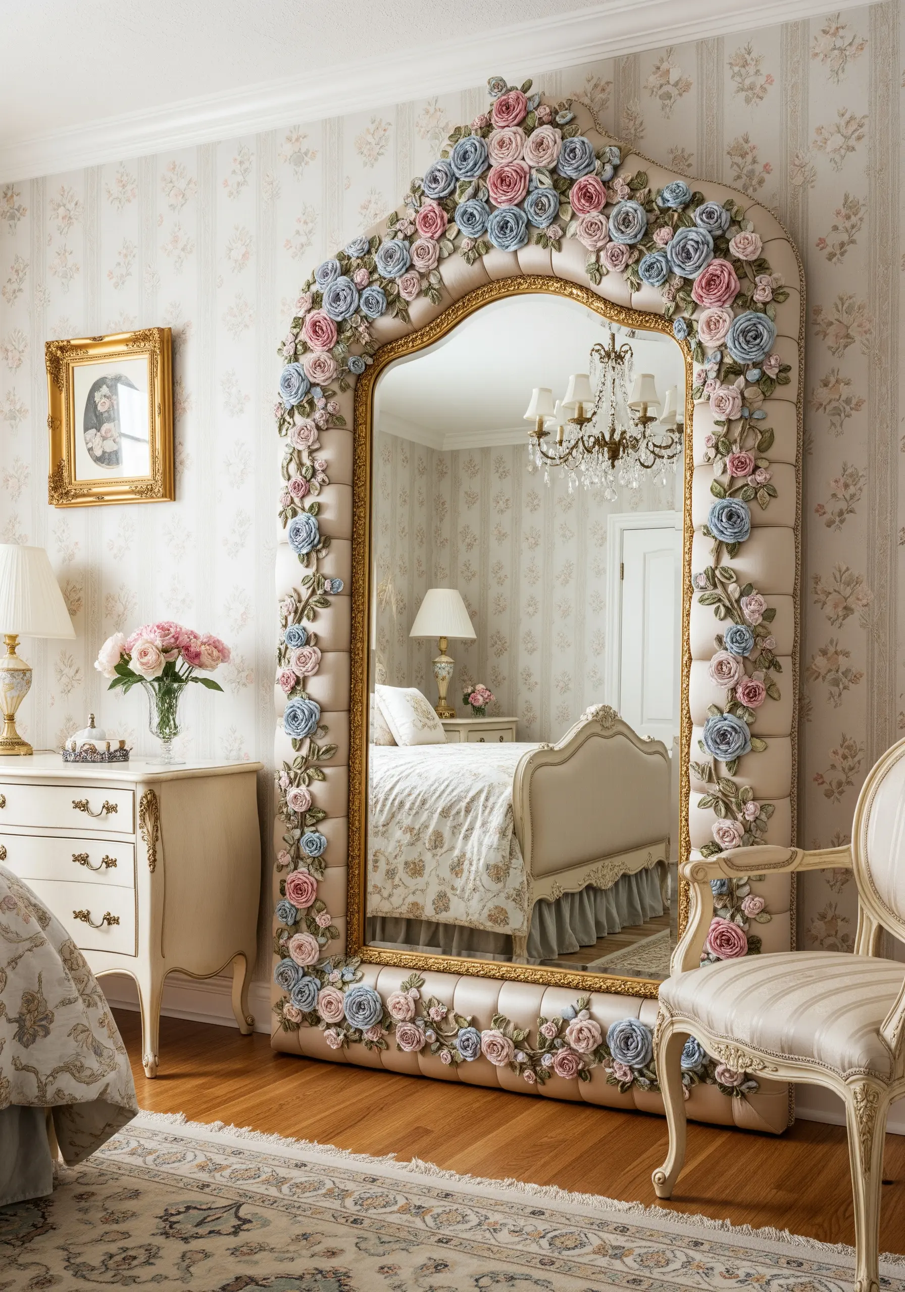 A large ornate mirror framed with plush, tufted fabric and adorned with 3D embroidered roses.
