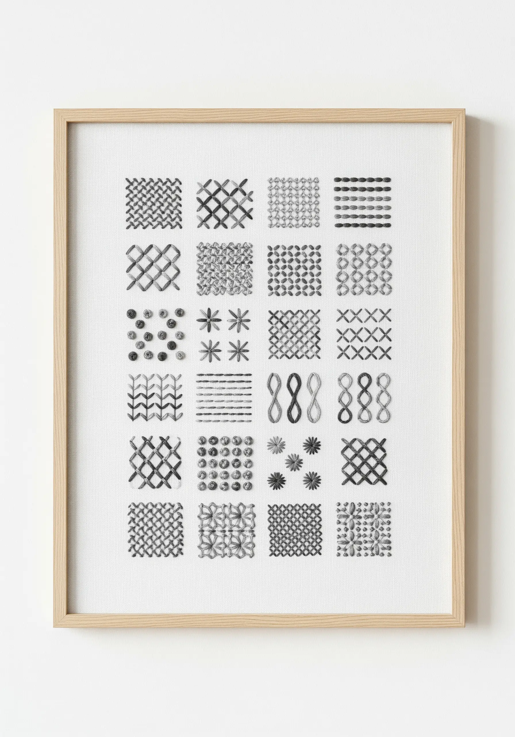 A framed monochrome stitch sampler with 24 different black-and-white embroidery patterns.