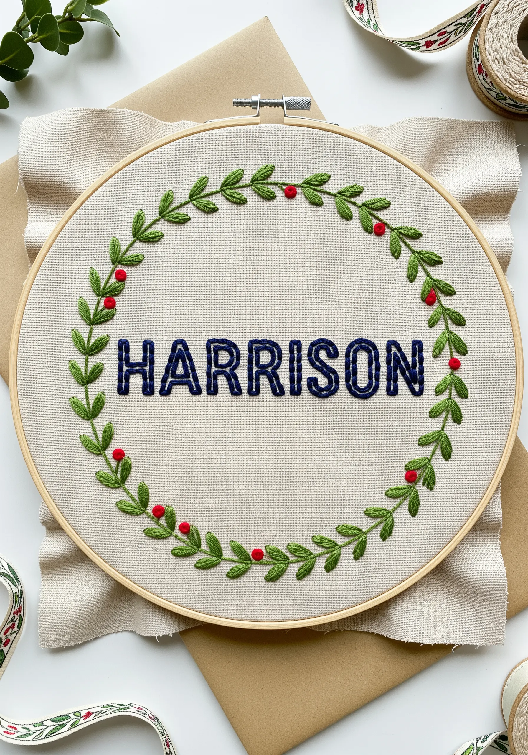 The name 'Harrison' in navy blue appliqué letters, framed by an embroidered green leafy wreath.