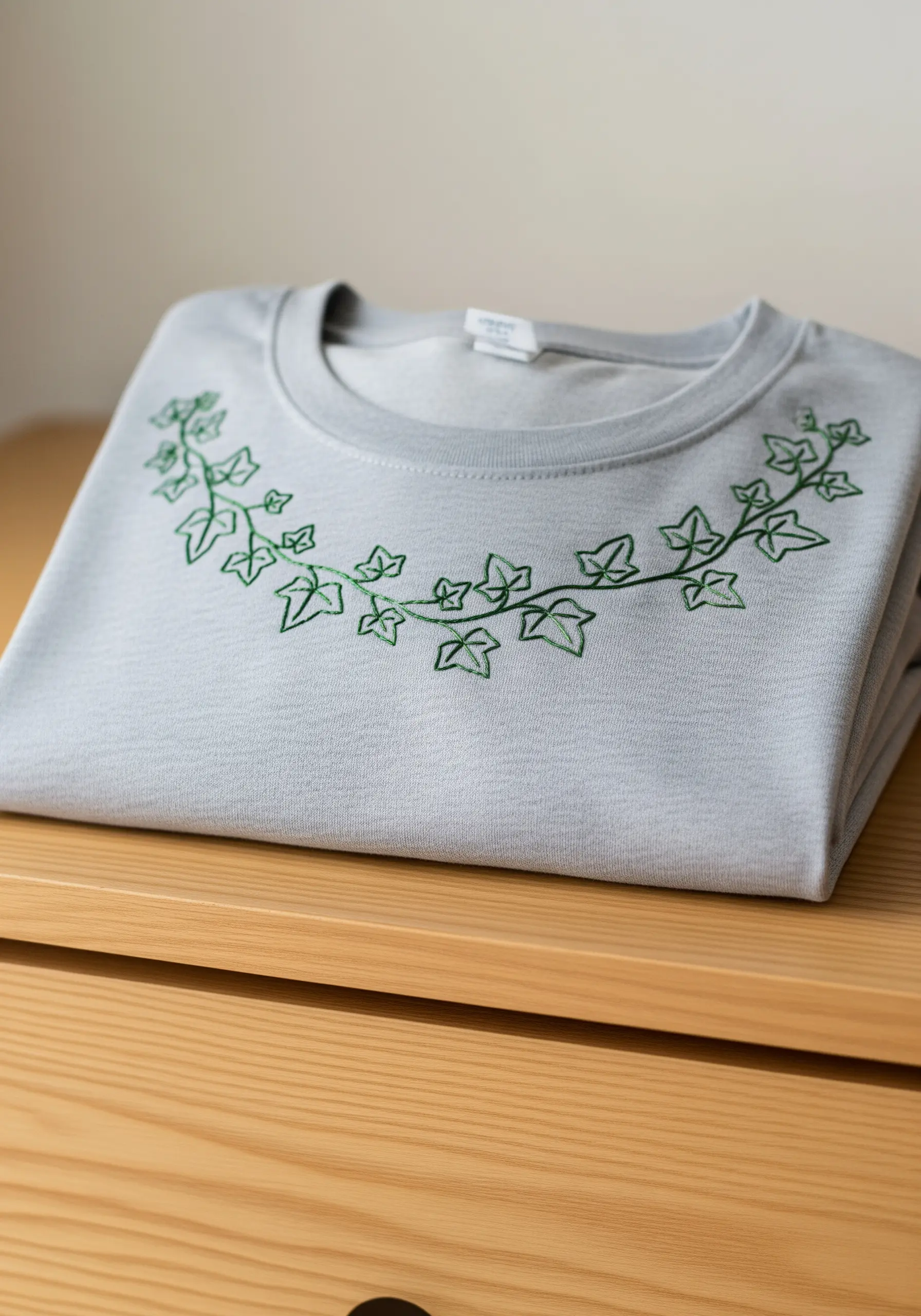 An embroidered green ivy vine curving around the collar of a light gray folded sweatshirt.