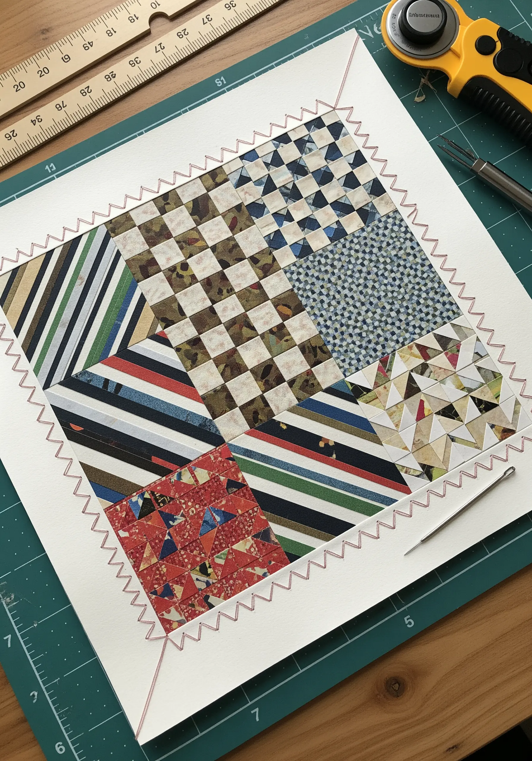 A patchwork of different patterned papers bordered by a hand-stitched zig-zag stitch in pink thread.