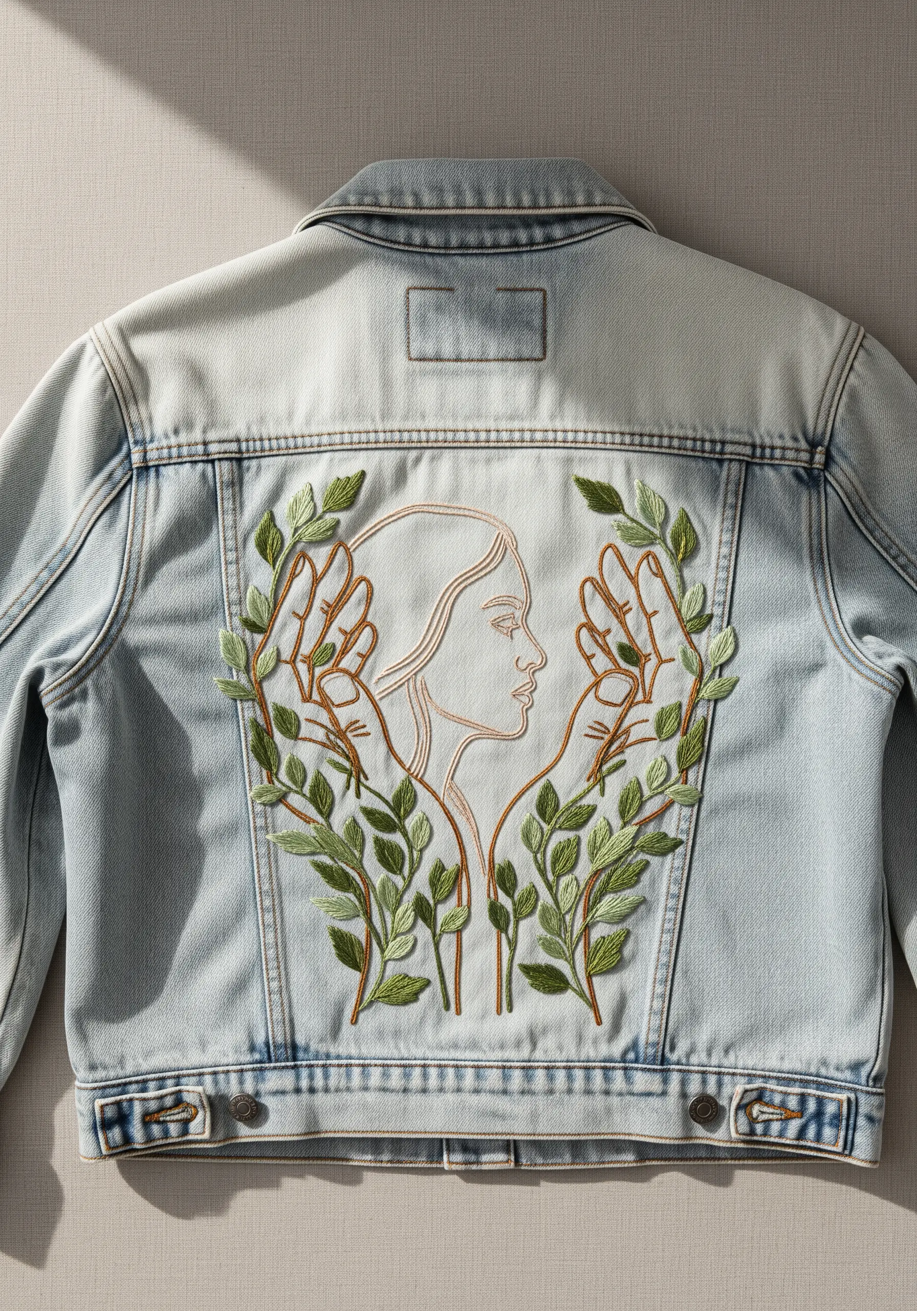 A line-art profile framed by two hands that grow into leafy green branches on a light-wash jacket.