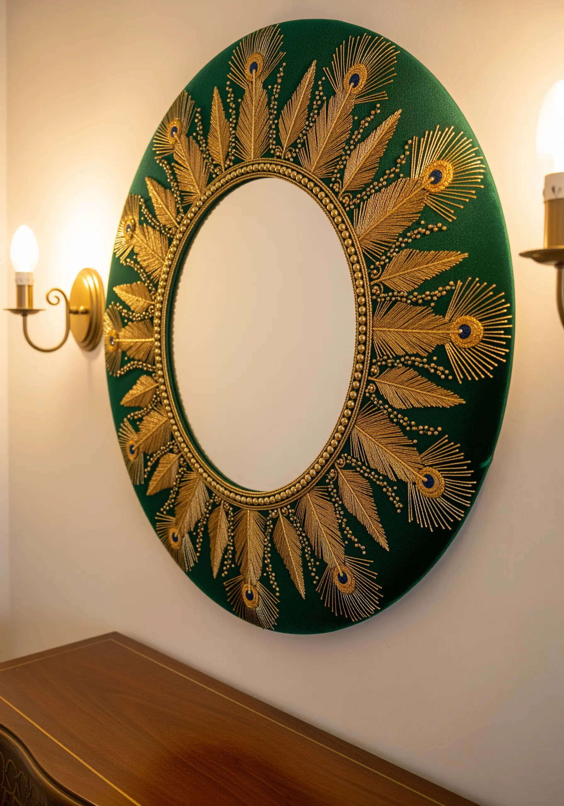 Gold metallic thread peacock feather embroidery on a green velvet mirror frame.