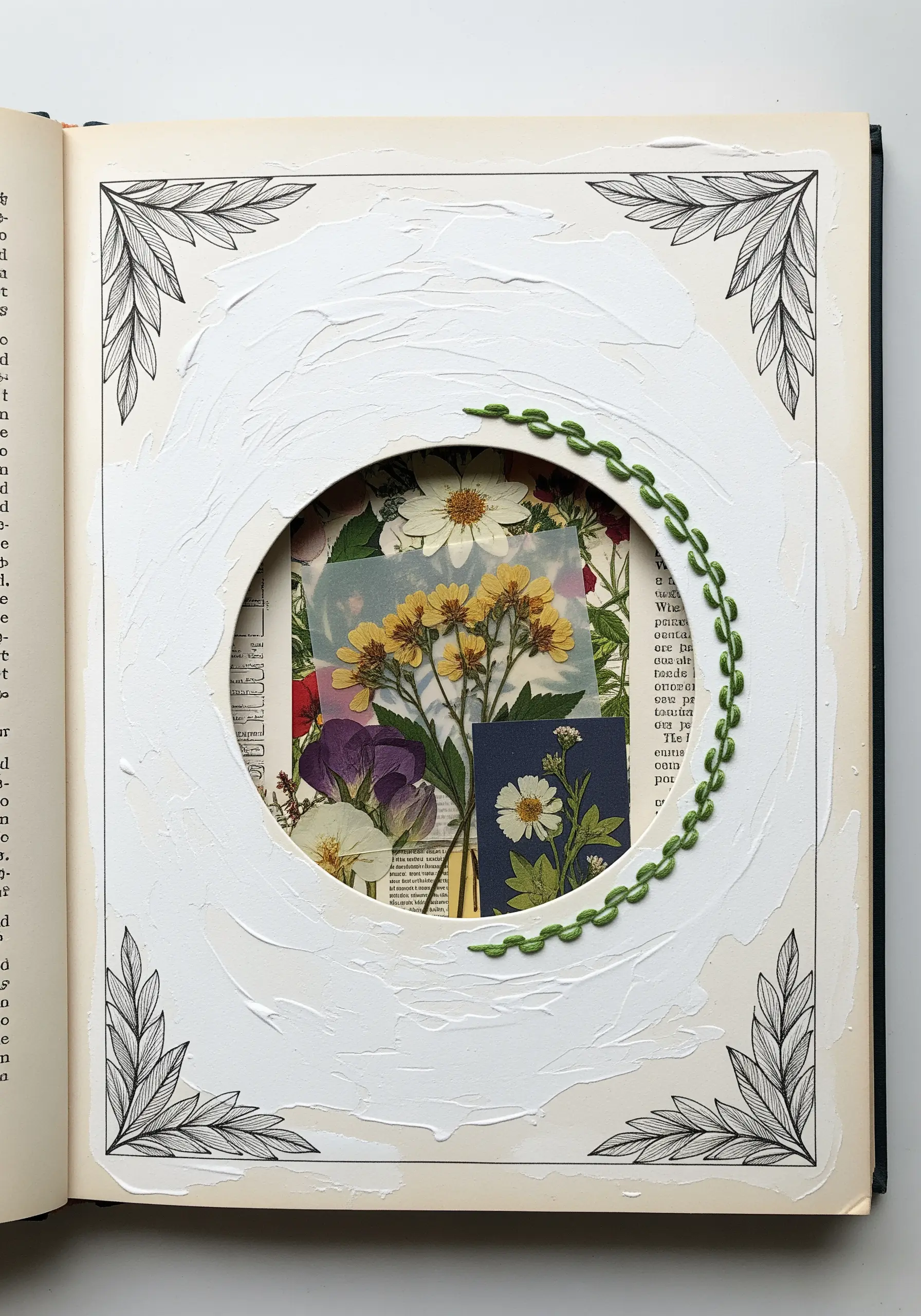 A circular cutout in a book page framed with green embroidery, revealing a floral collage behind it.