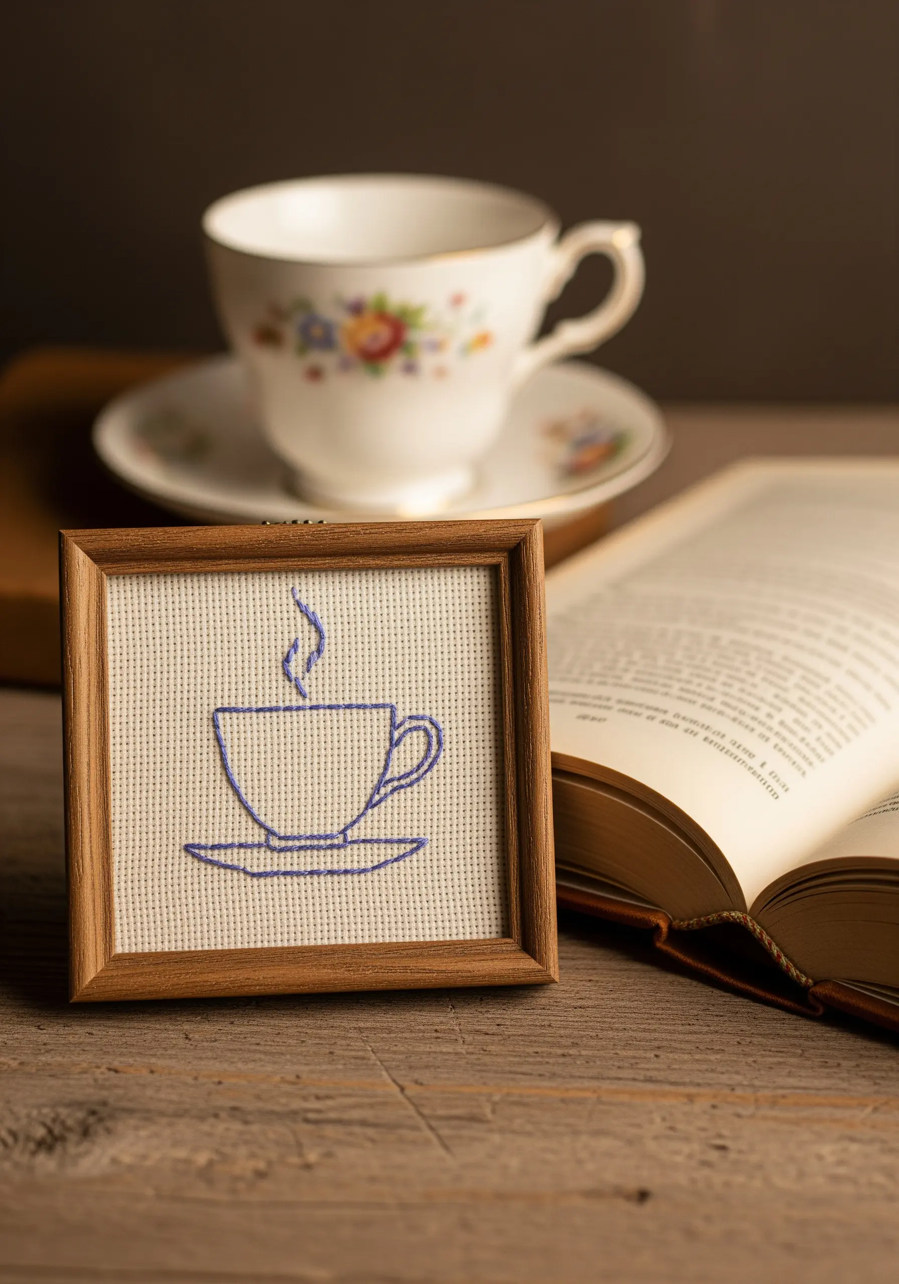 A minimalist outline of a coffee cup stitched in blue thread and framed in wood.