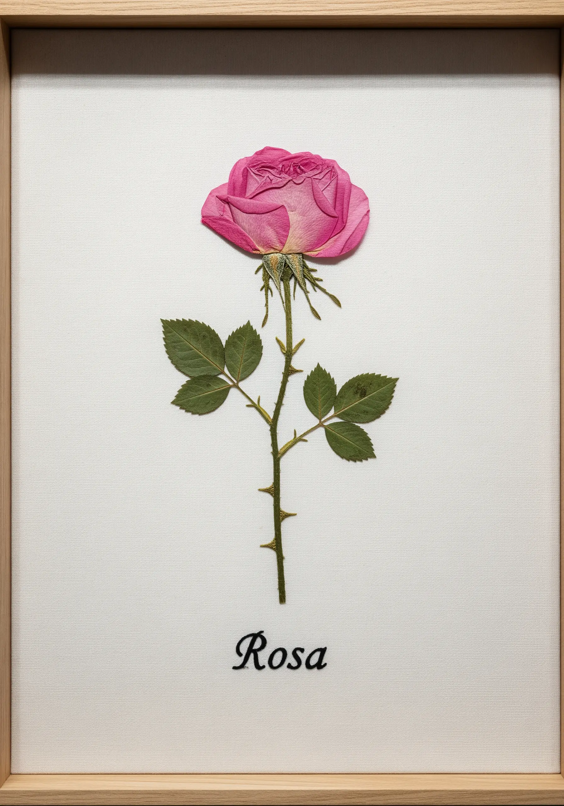 A single pressed pink rose displayed in a wooden frame with its name embroidered below.