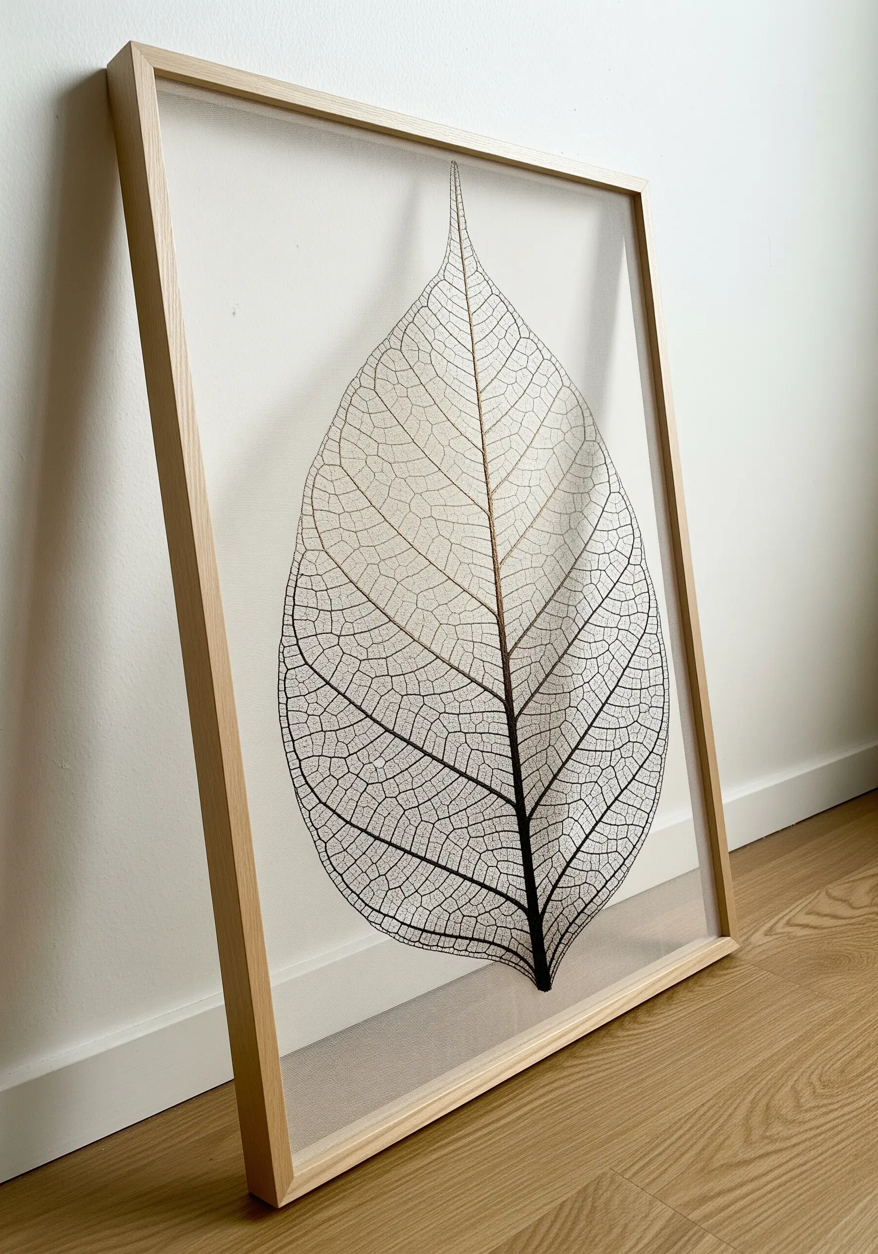 A skeleton leaf embroidered with fine black and brown thread on sheer fabric inside a glass frame.