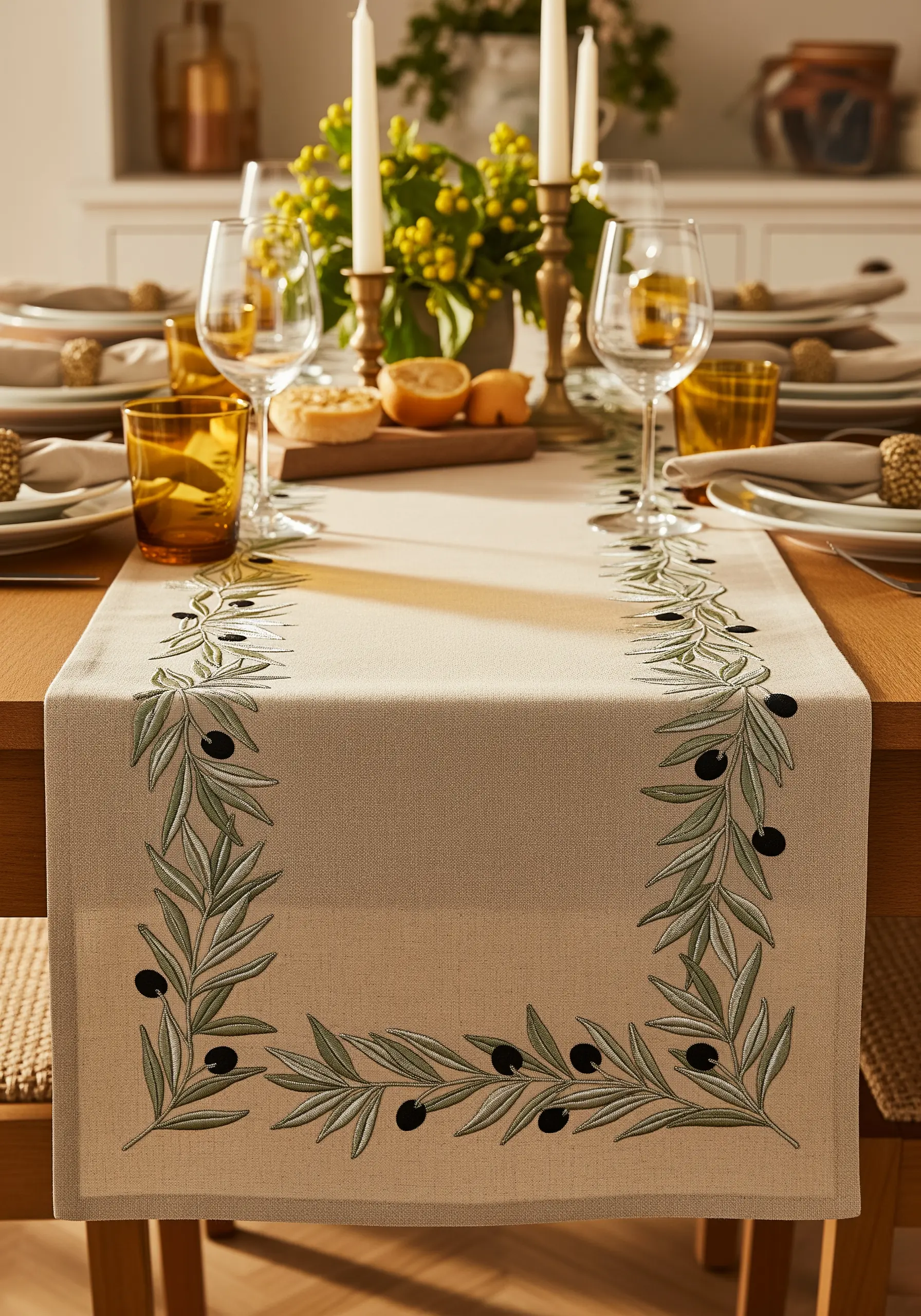 An elegant table runner with olive branch borders embroidered in green and black.