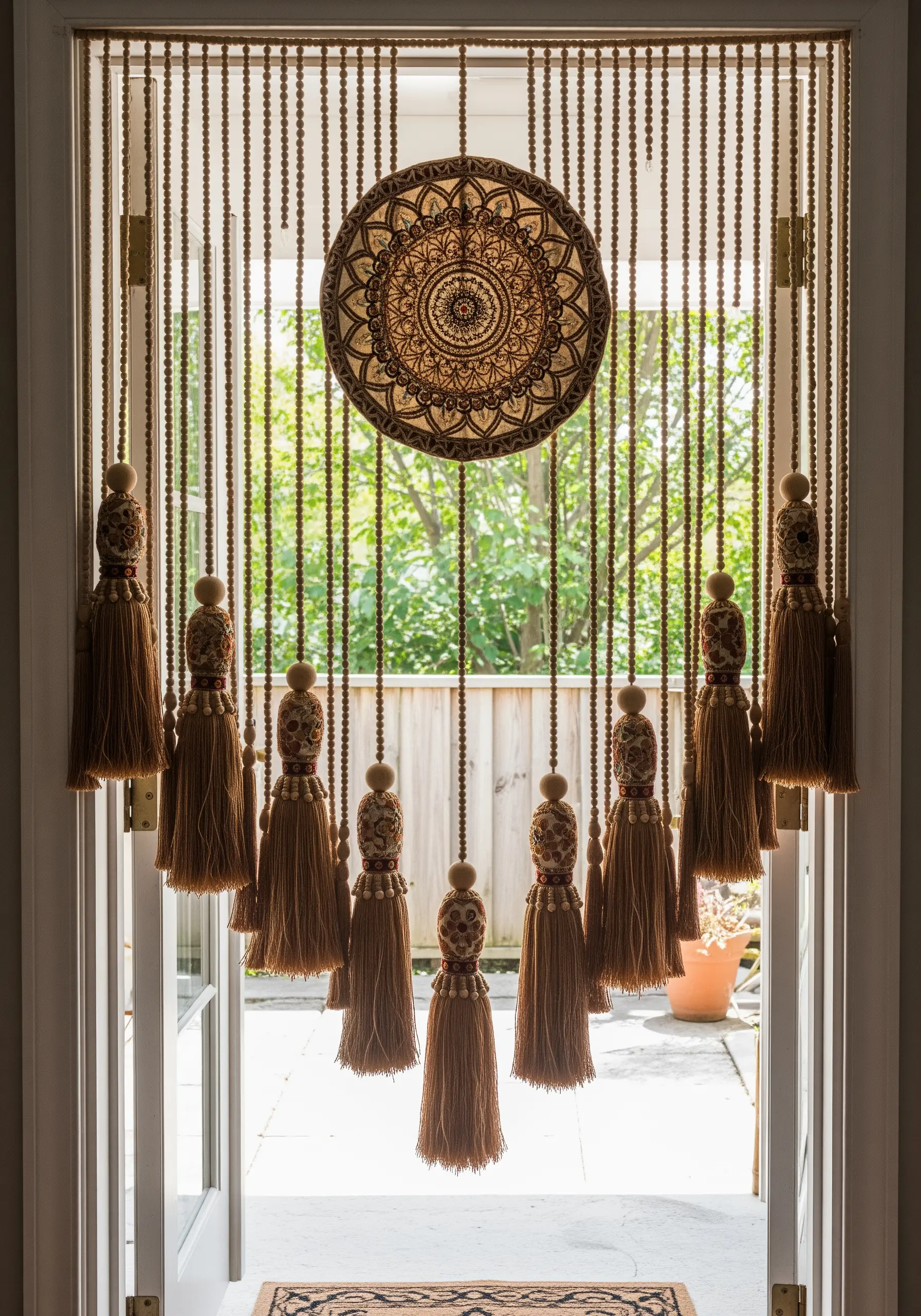 A beaded doorway curtain with large tassels and a central carved wooden mandala piece.