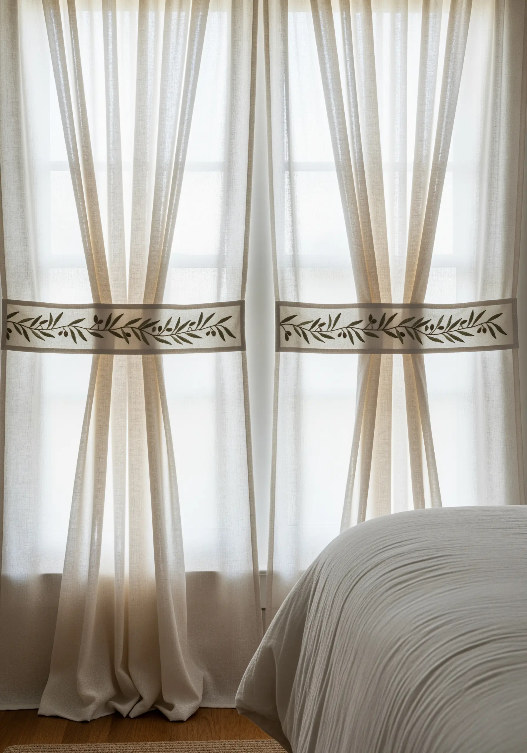 Sheer linen curtains with an embroidered border of olive branches stitched horizontally across the middle.