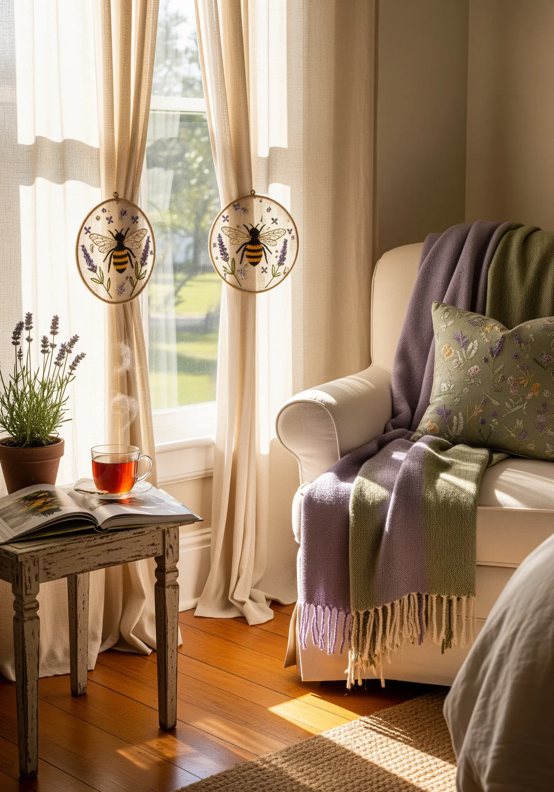Two small embroidery hoops with bee and lavender motifs used as curtain tie-backs.