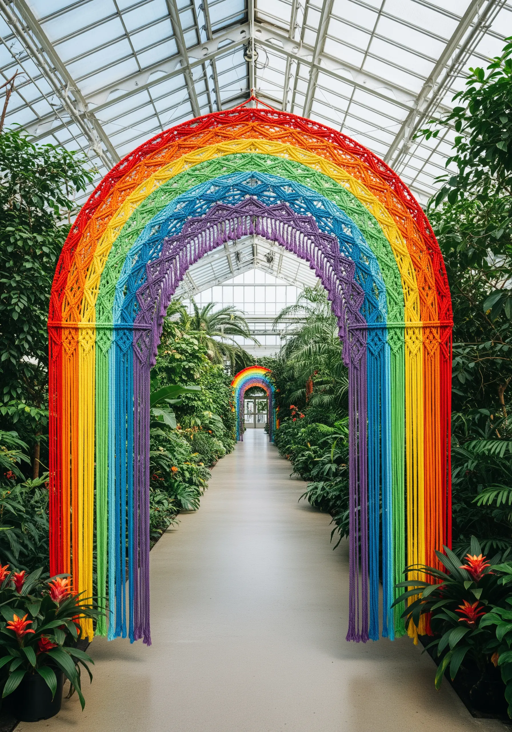 A large, vibrant macrame rainbow archway standing on a path in a lush green conservatory.