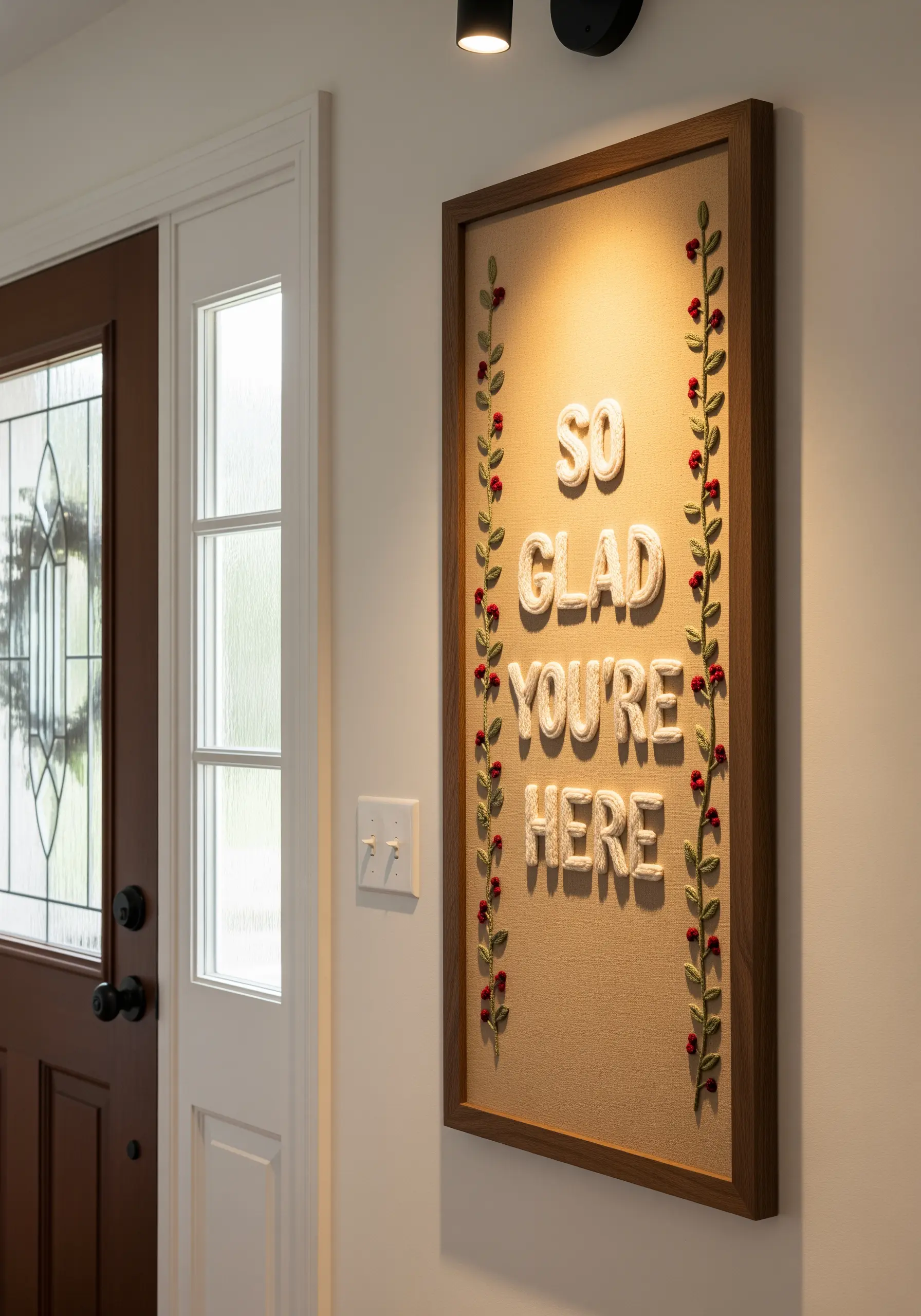 A framed entryway sign with a welcoming quote in raised, textured white letters and floral vines.