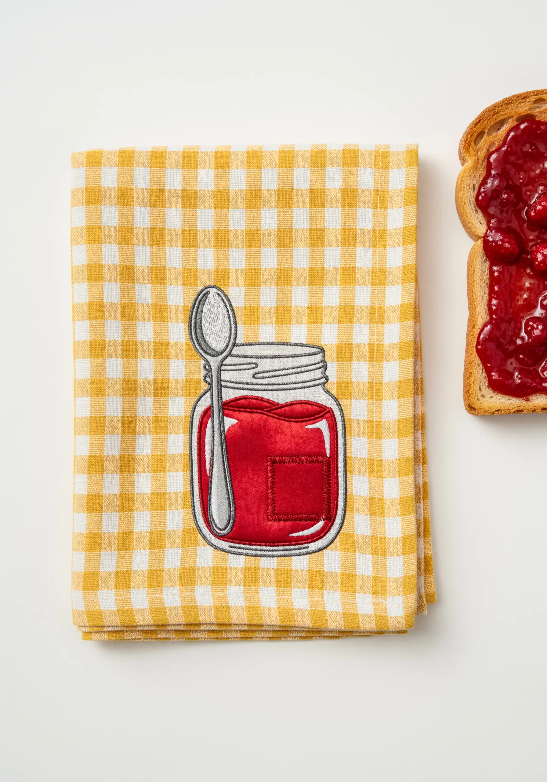A jam jar motif on a yellow gingham napkin, using red fabric appliqué and embroidery.