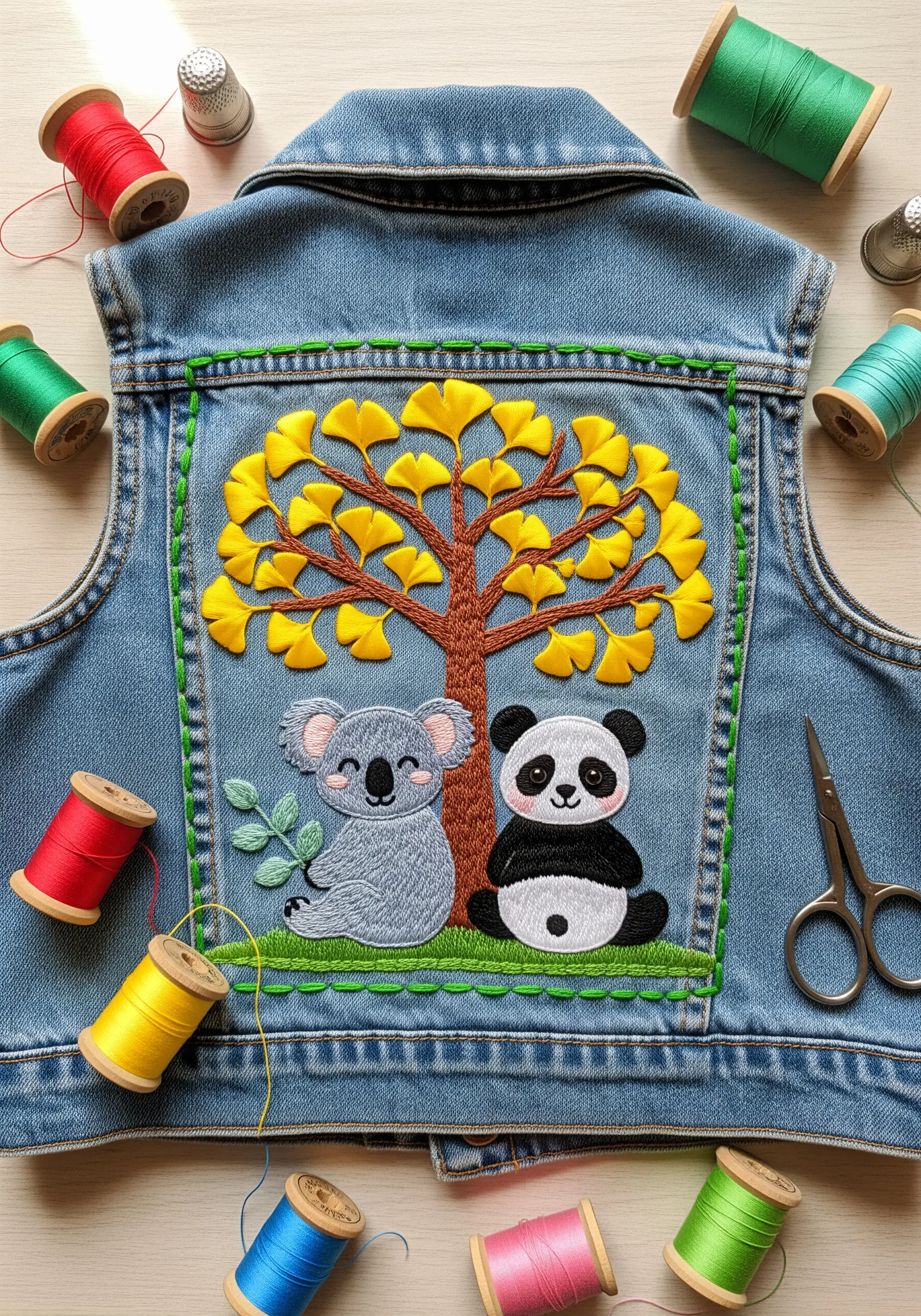 Koala and panda appliqués under a yellow ginkgo tree on the back of a denim vest.