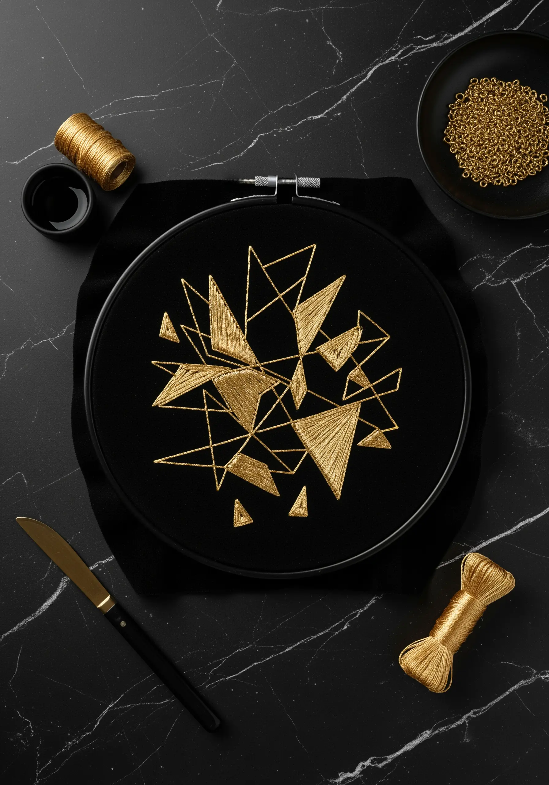 Abstract geometric embroidery in gold metallic thread on a black fabric hoop.