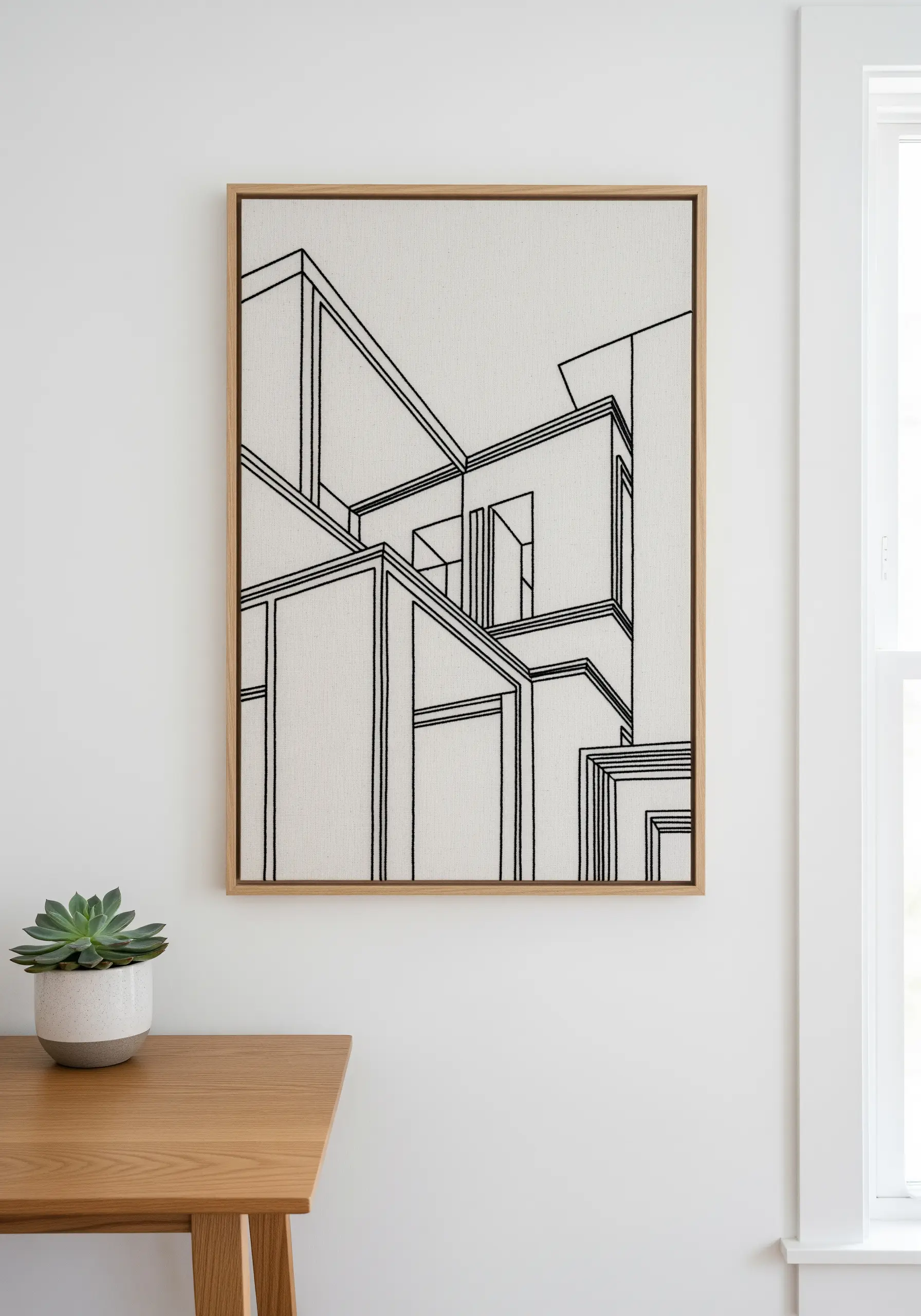 Minimalist black-thread embroidery of an abstract building in a wooden frame.