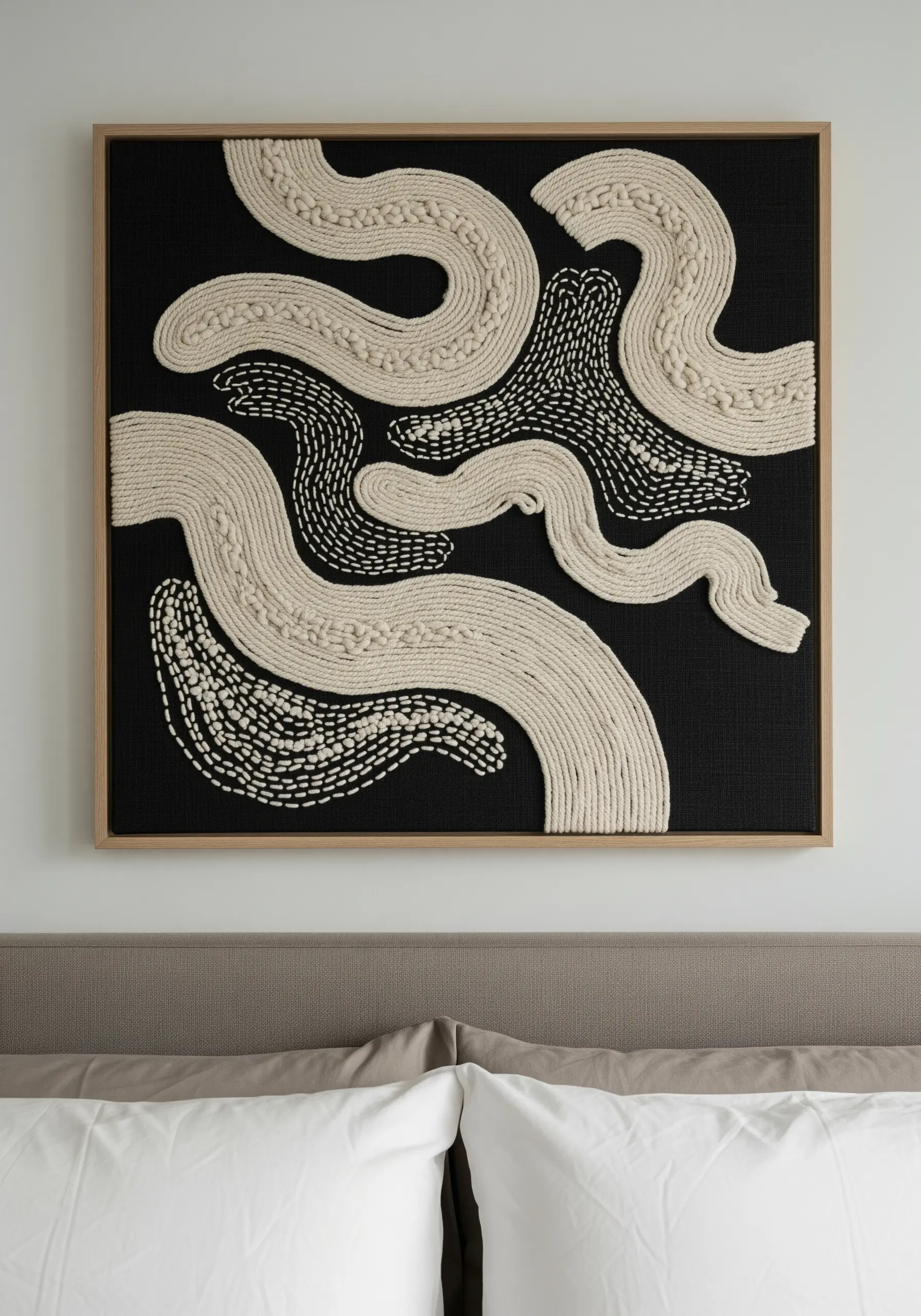 Abstract sculptural embroidery with thick, cream-colored couched rope on a black canvas.