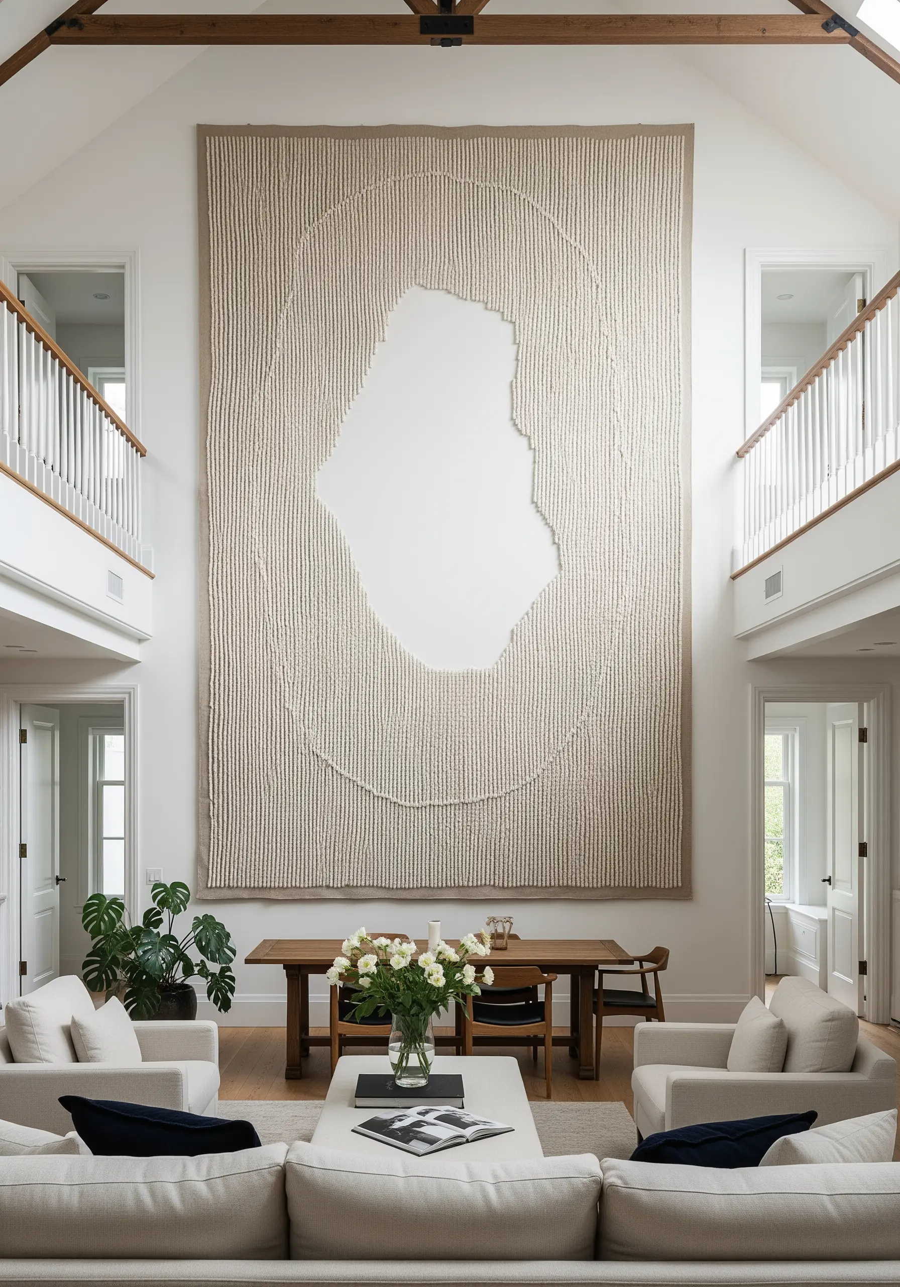 A monumental wall tapestry with dense vertical stitching surrounding a large, un-stitched organic shape.
