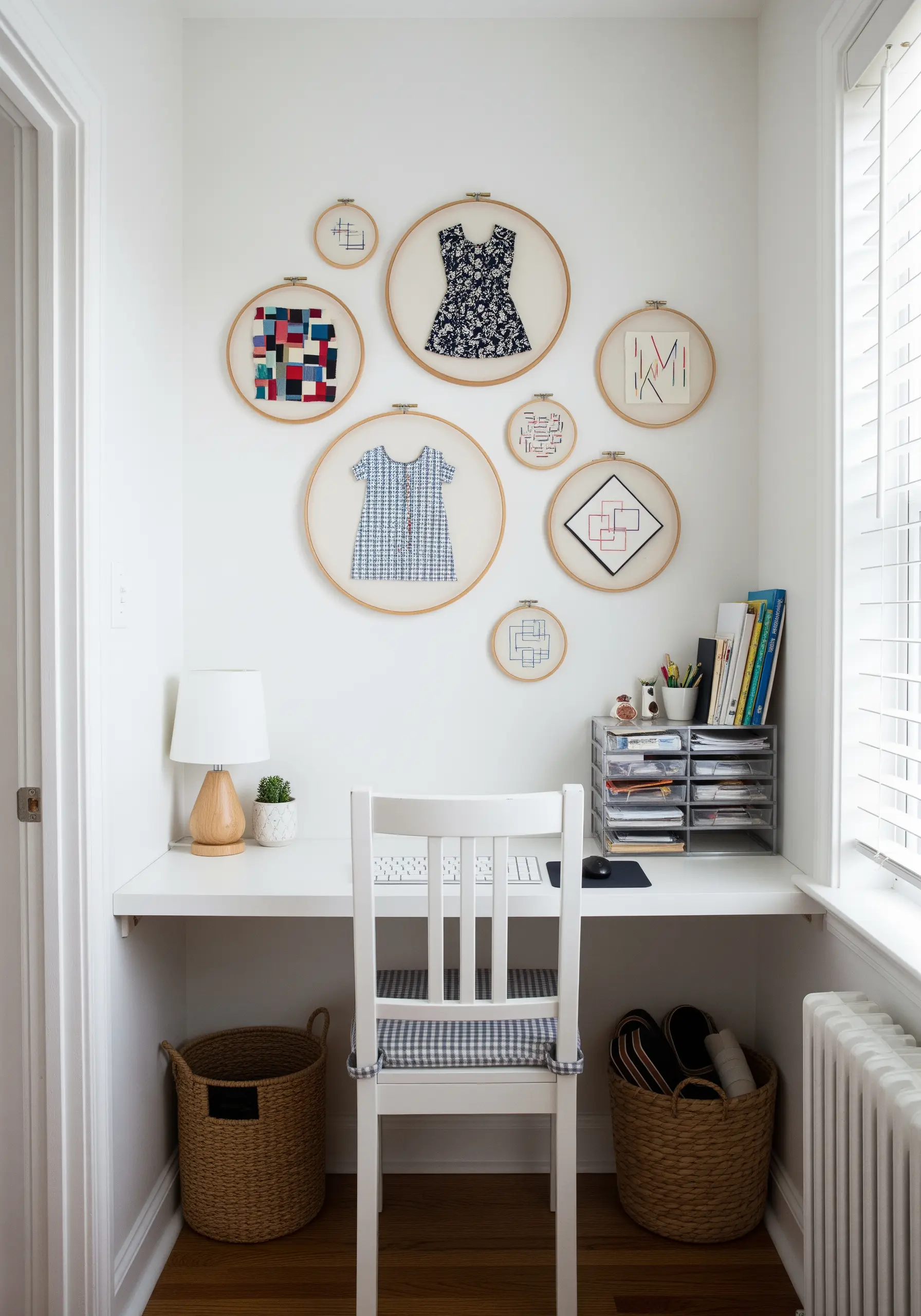 A gallery wall of embroidery hoops framing different fabric scraps and patterns.