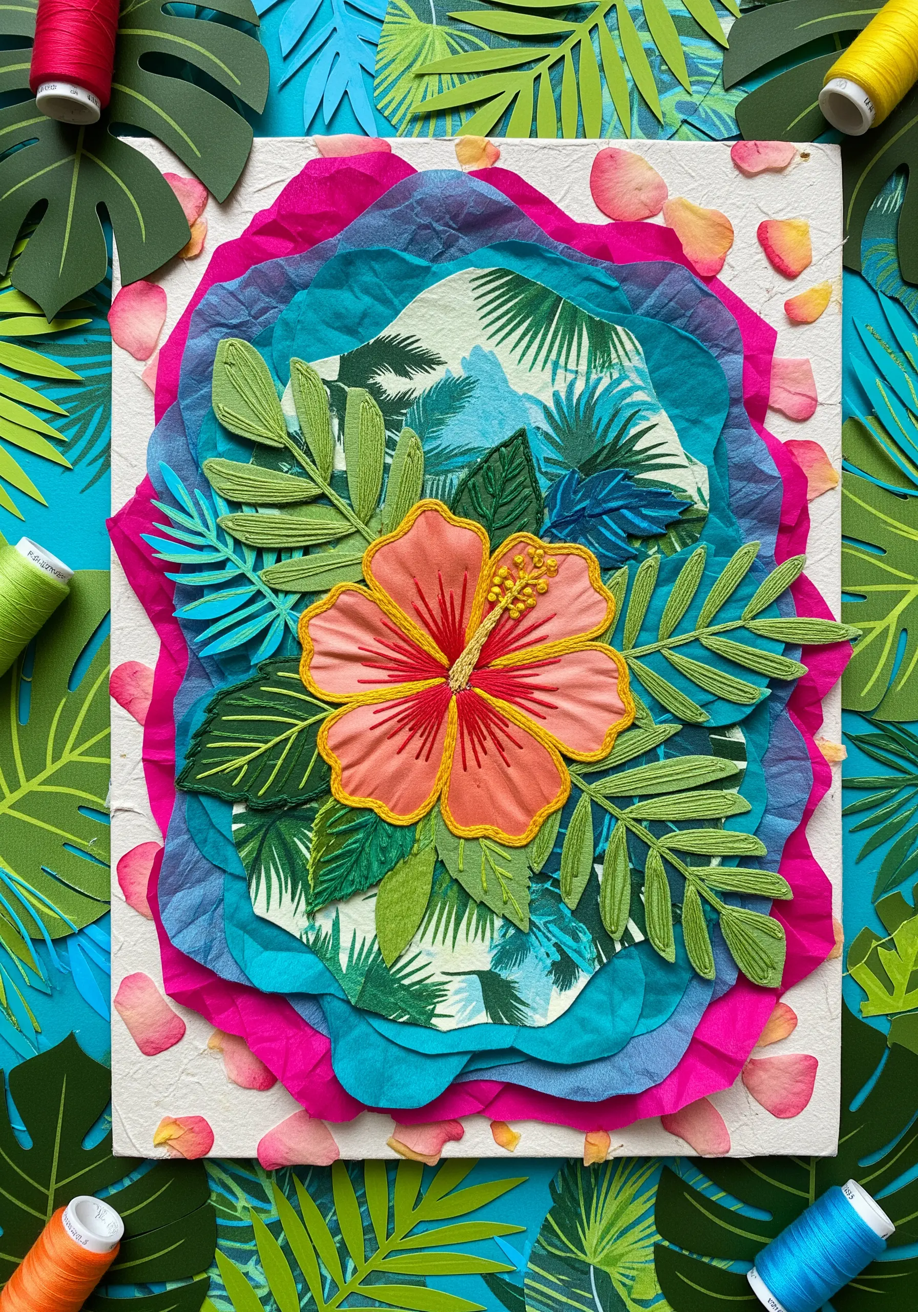 A vibrant collage of a satin-stitched hibiscus flower on layered, torn blue and pink paper.