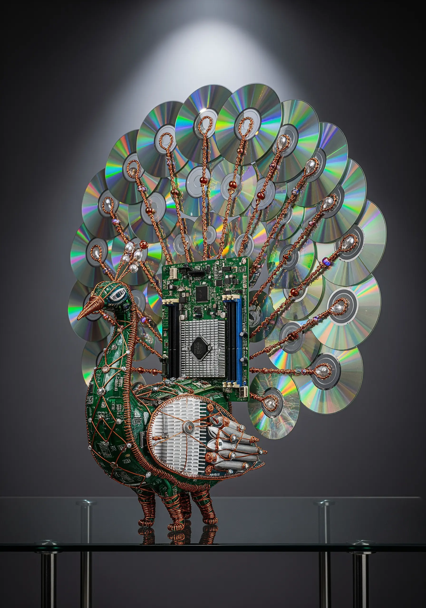 A peacock sculpture made from circuit boards, CDs, and copper wire wrapped with thread.