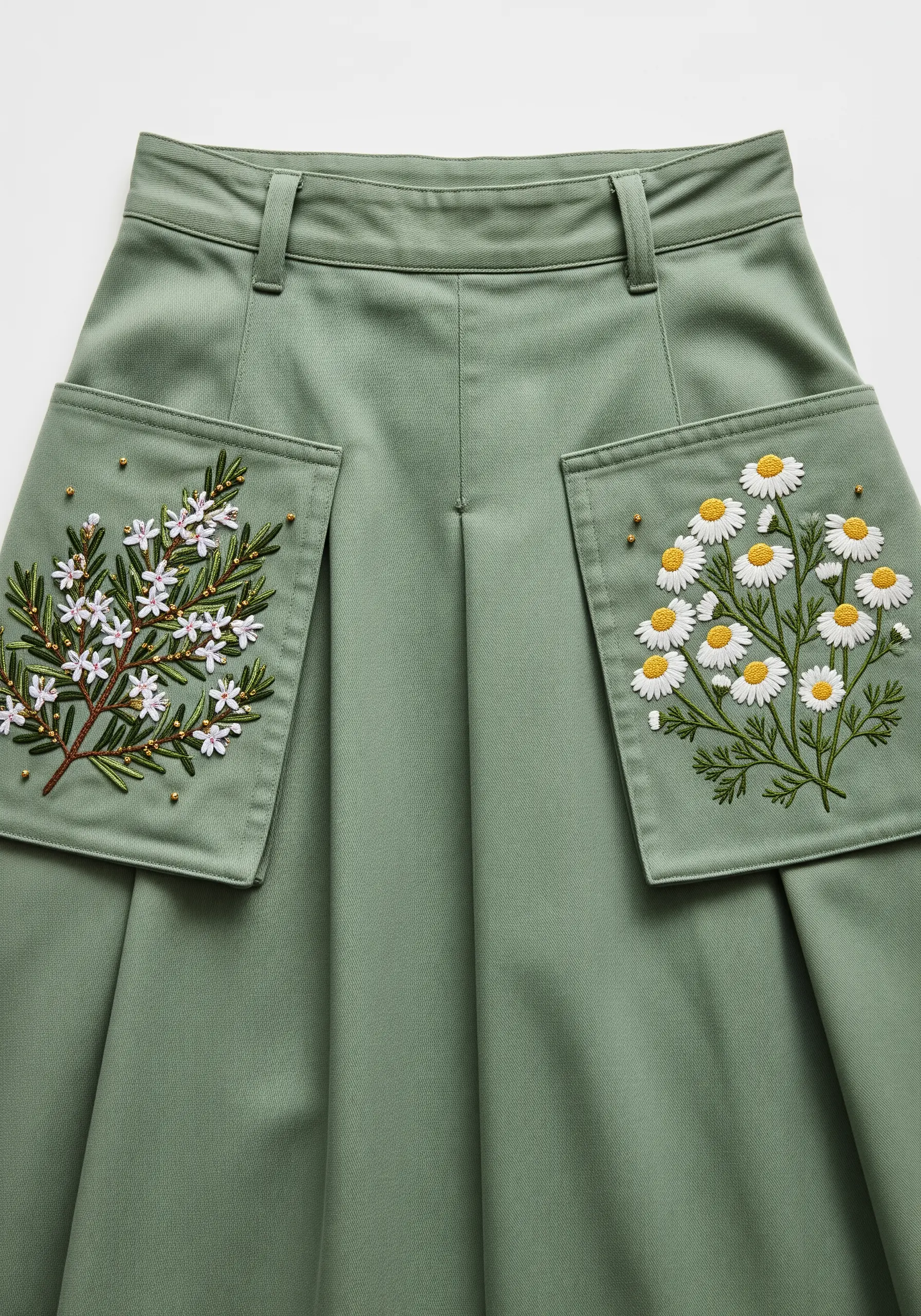 Asymmetrical floral embroidery on the patch pockets of a sage green skirt.