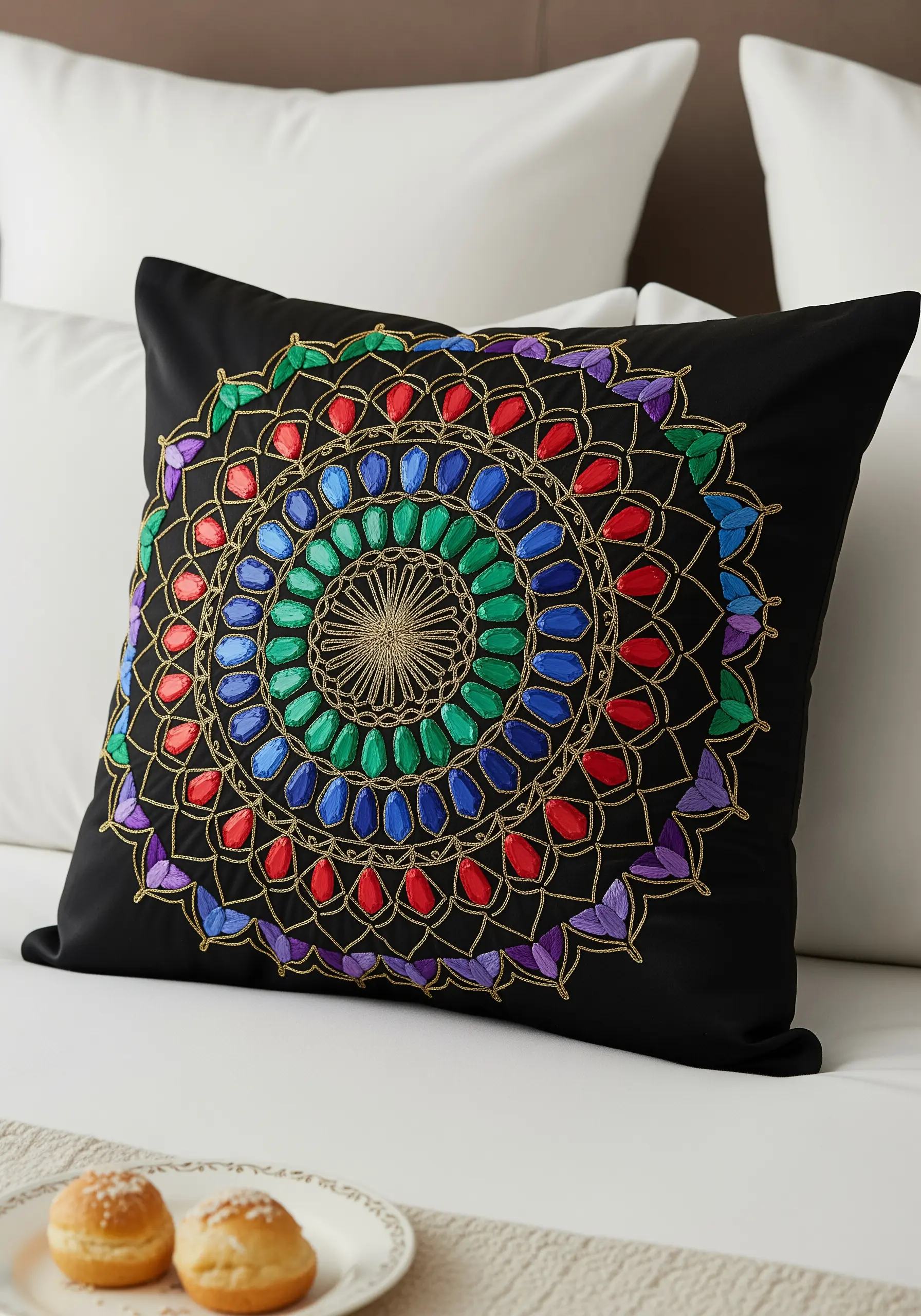 Colorful jewel-toned mandala with gold metallic thread outlines on a black pillow.