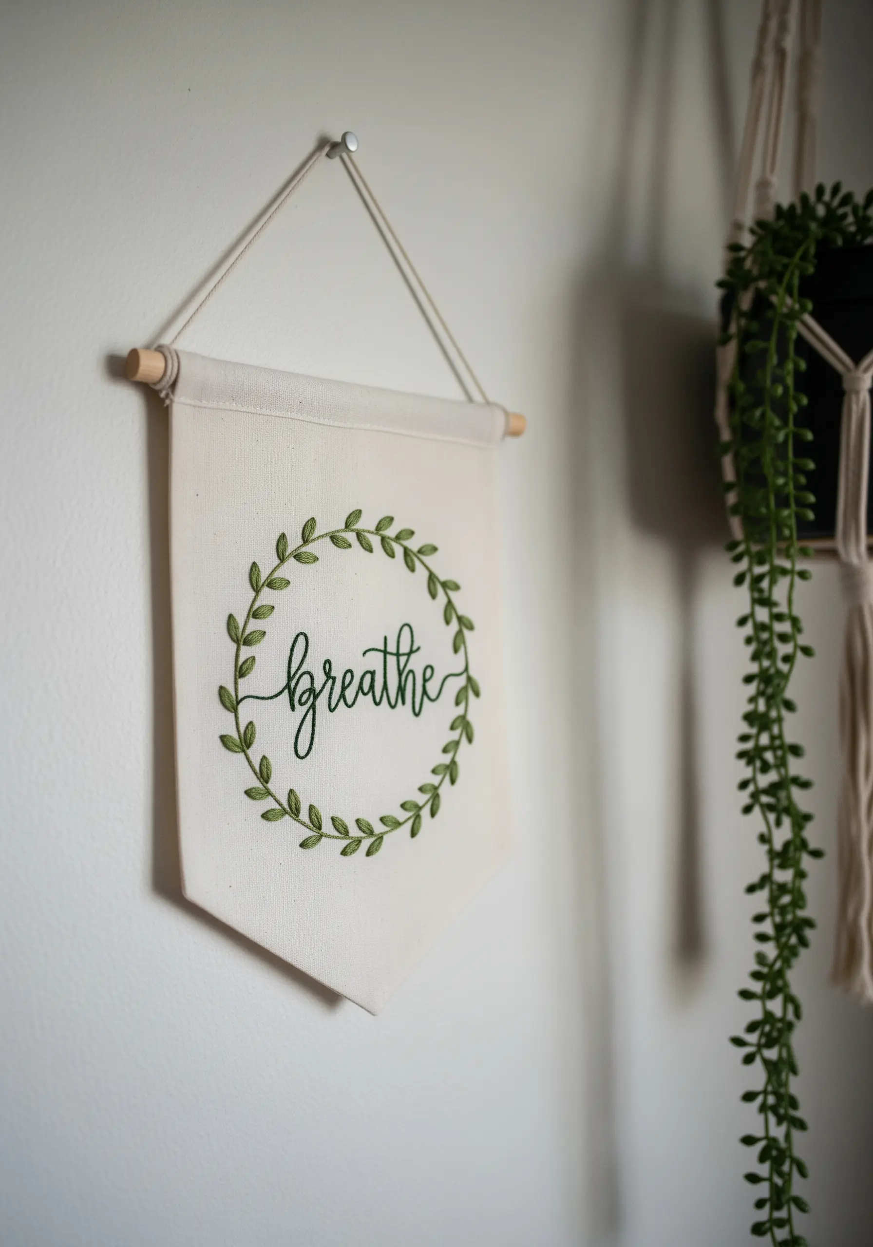 The word 'breathe' in cursive script, encircled by an embroidered olive leaf wreath on a banner.