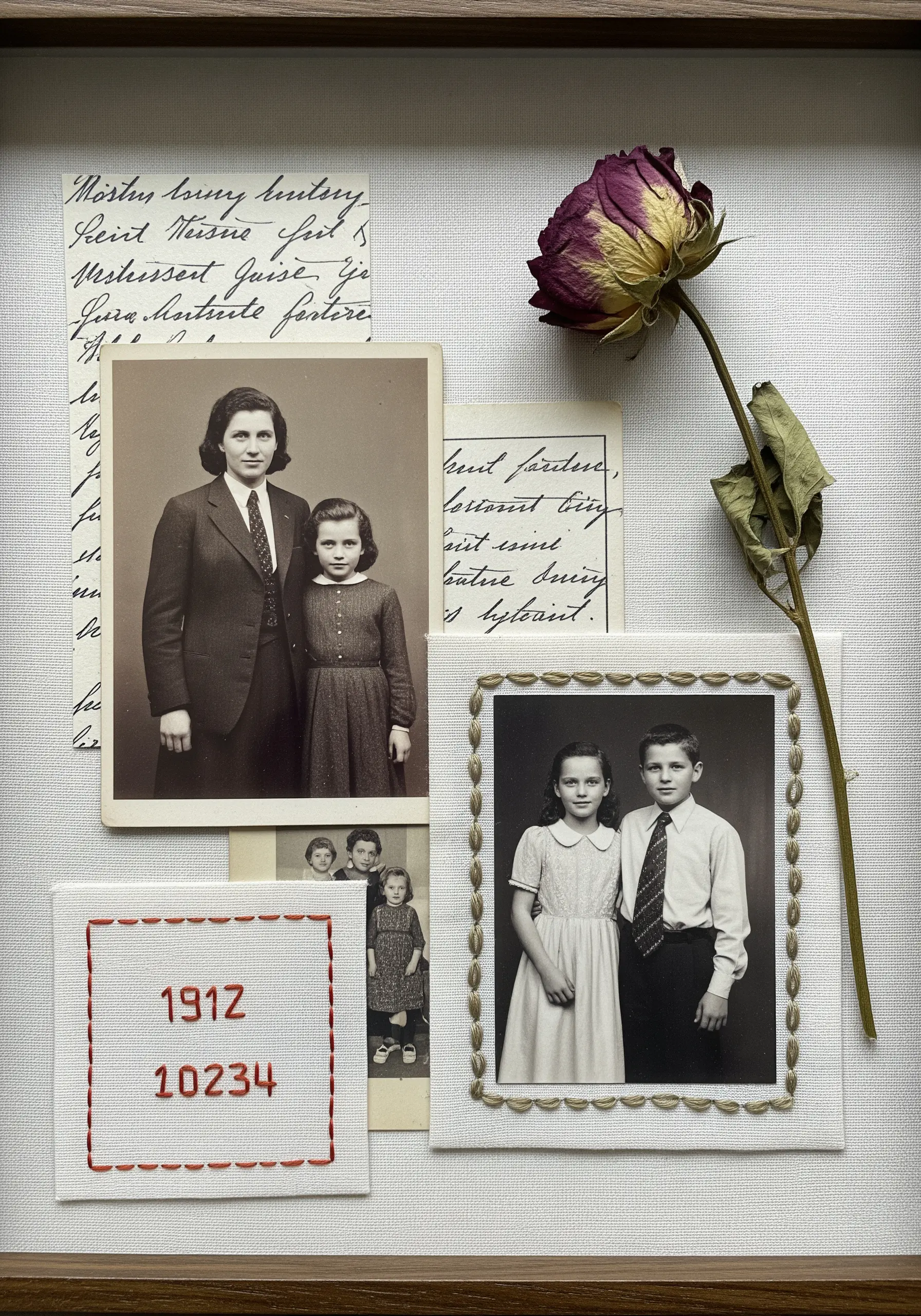 A shadowbox collage of vintage family photos, with one framed by a hand-stitched border.