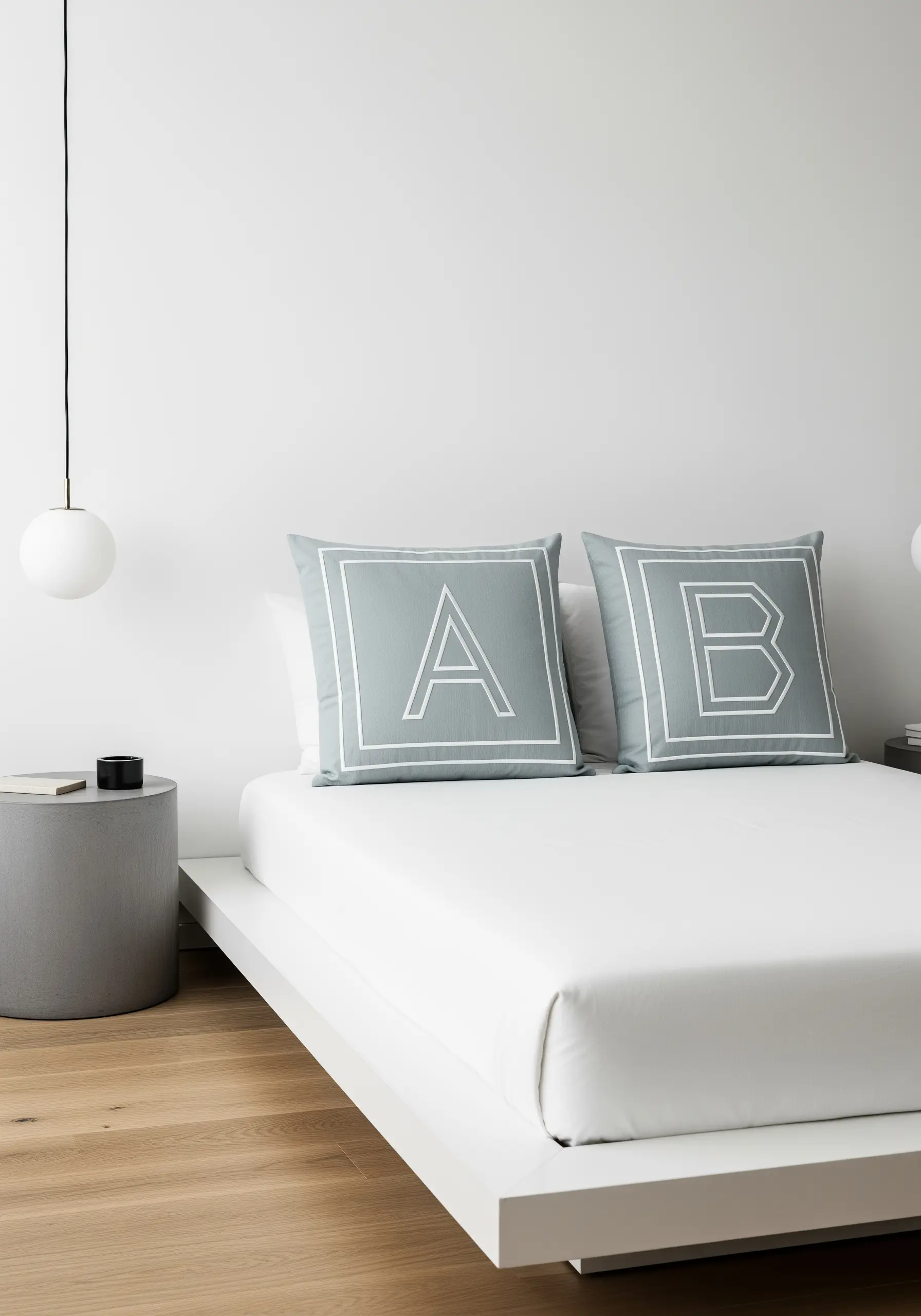 Modern, clean-lined initials 'A' and 'B' framed by a square border on sage green pillows.