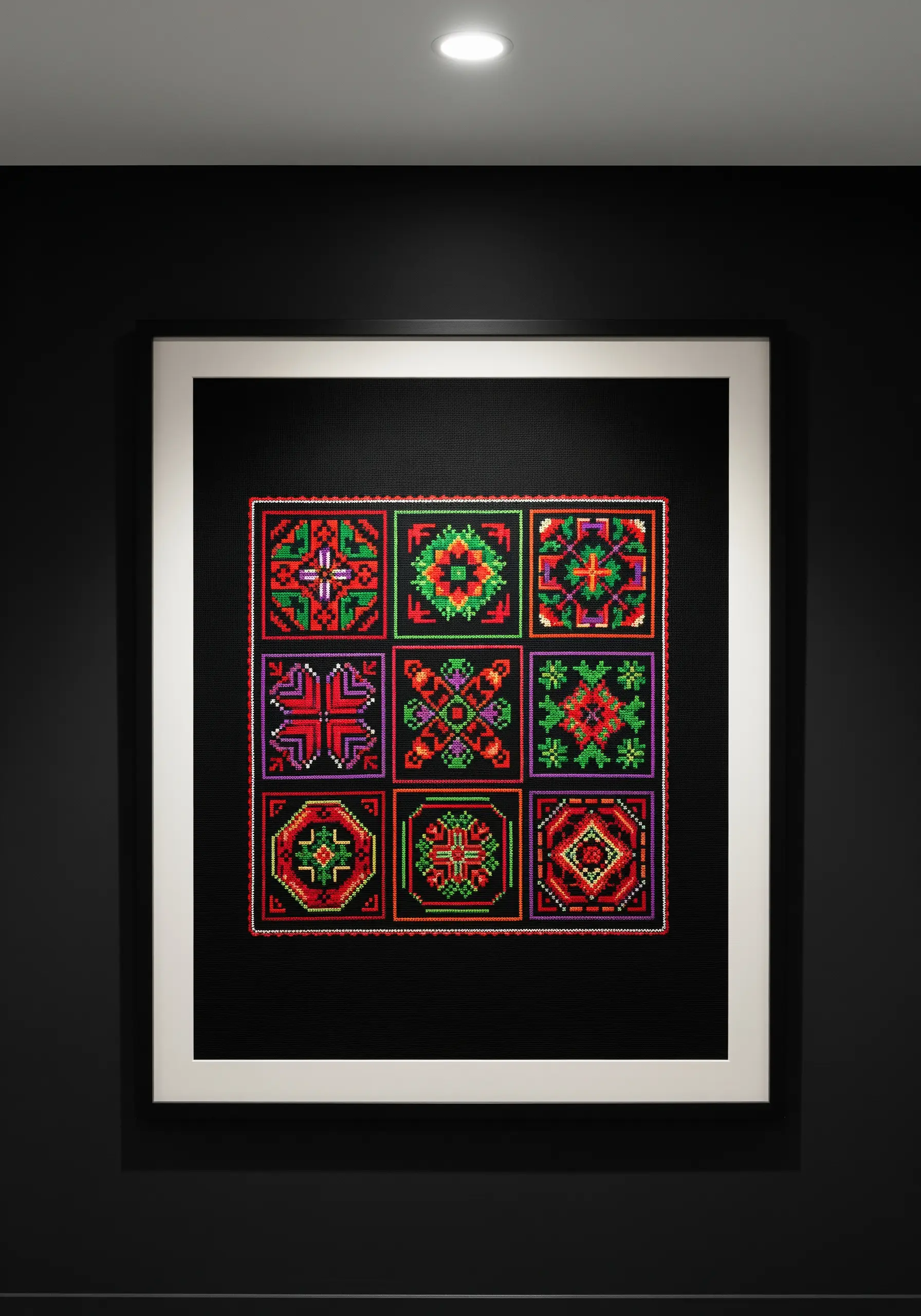 A gallery frame holding nine individual Palestinian Tatreez cross-stitch motifs on black fabric.