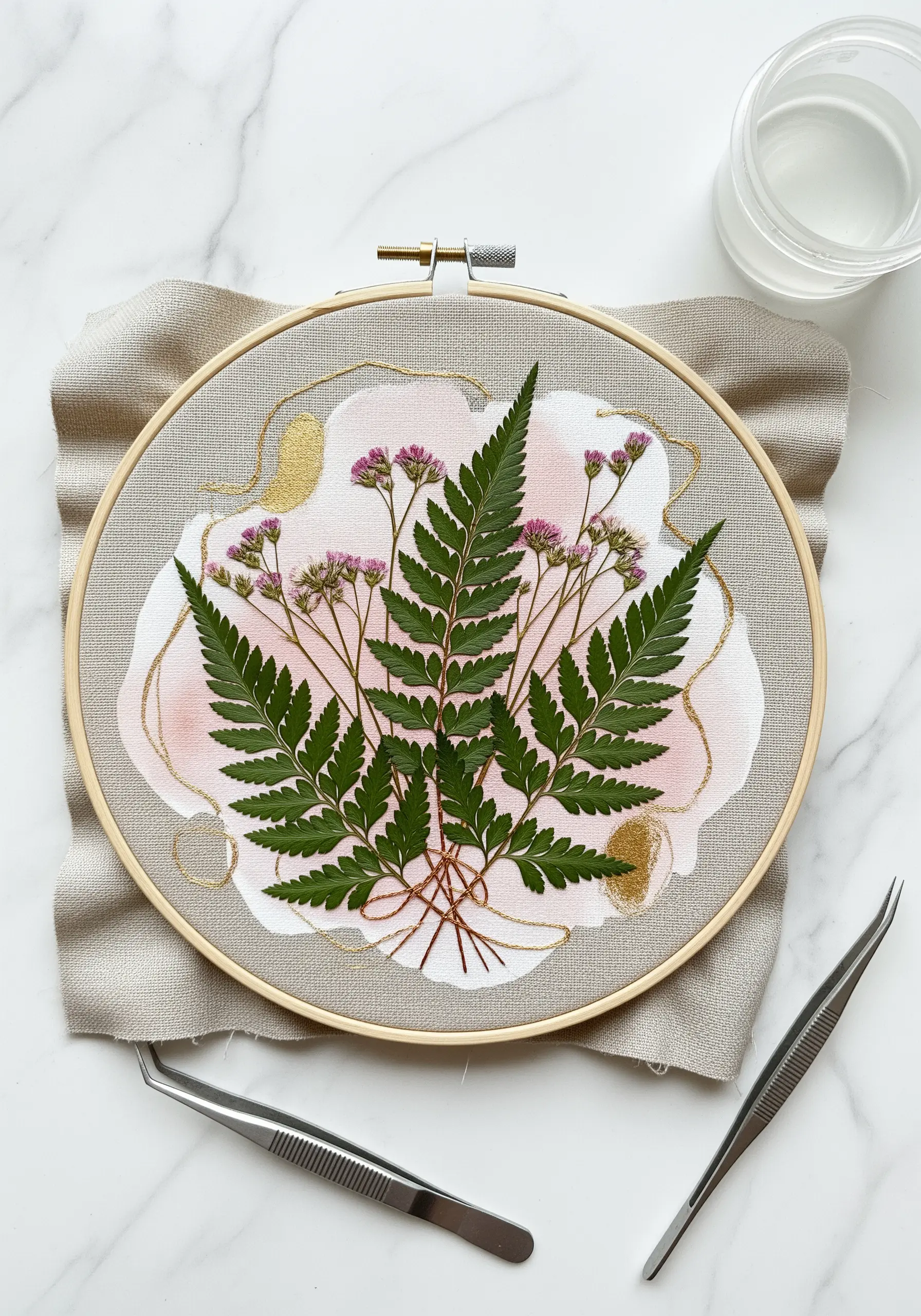 Pressed fern and flower embroidery with a pink watercolor background and gold thread details.