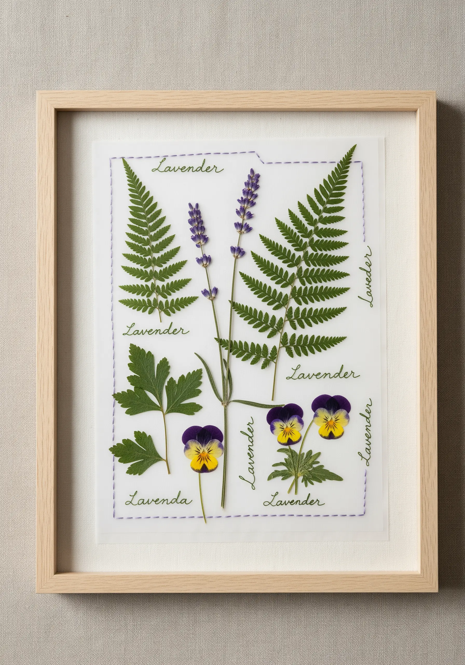 Pressed lavender and ferns framed under a sheer fabric layer with delicate purple stitching.