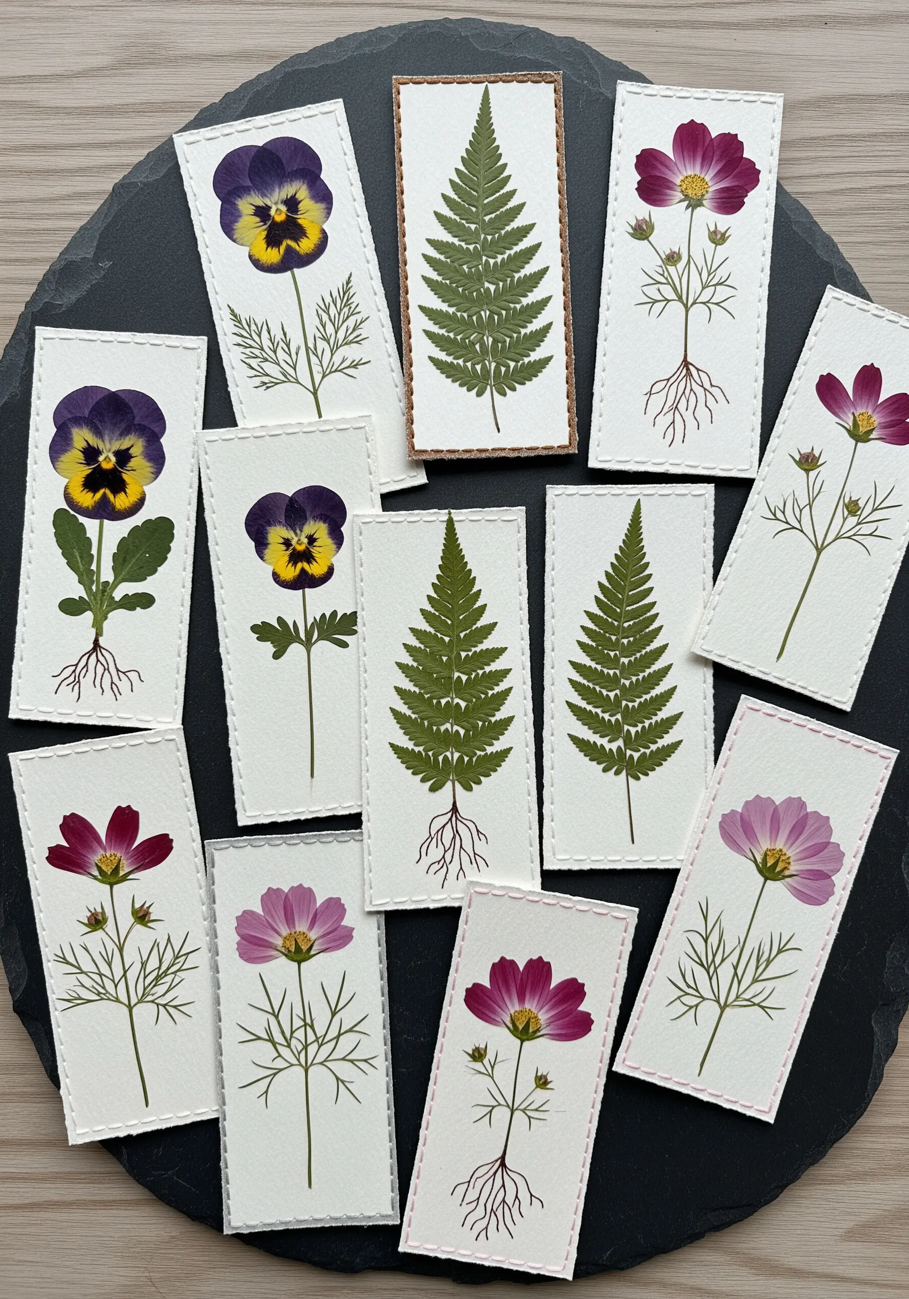 A collection of handmade bookmarks featuring pressed pansies, ferns, and cosmos stitched onto paper.