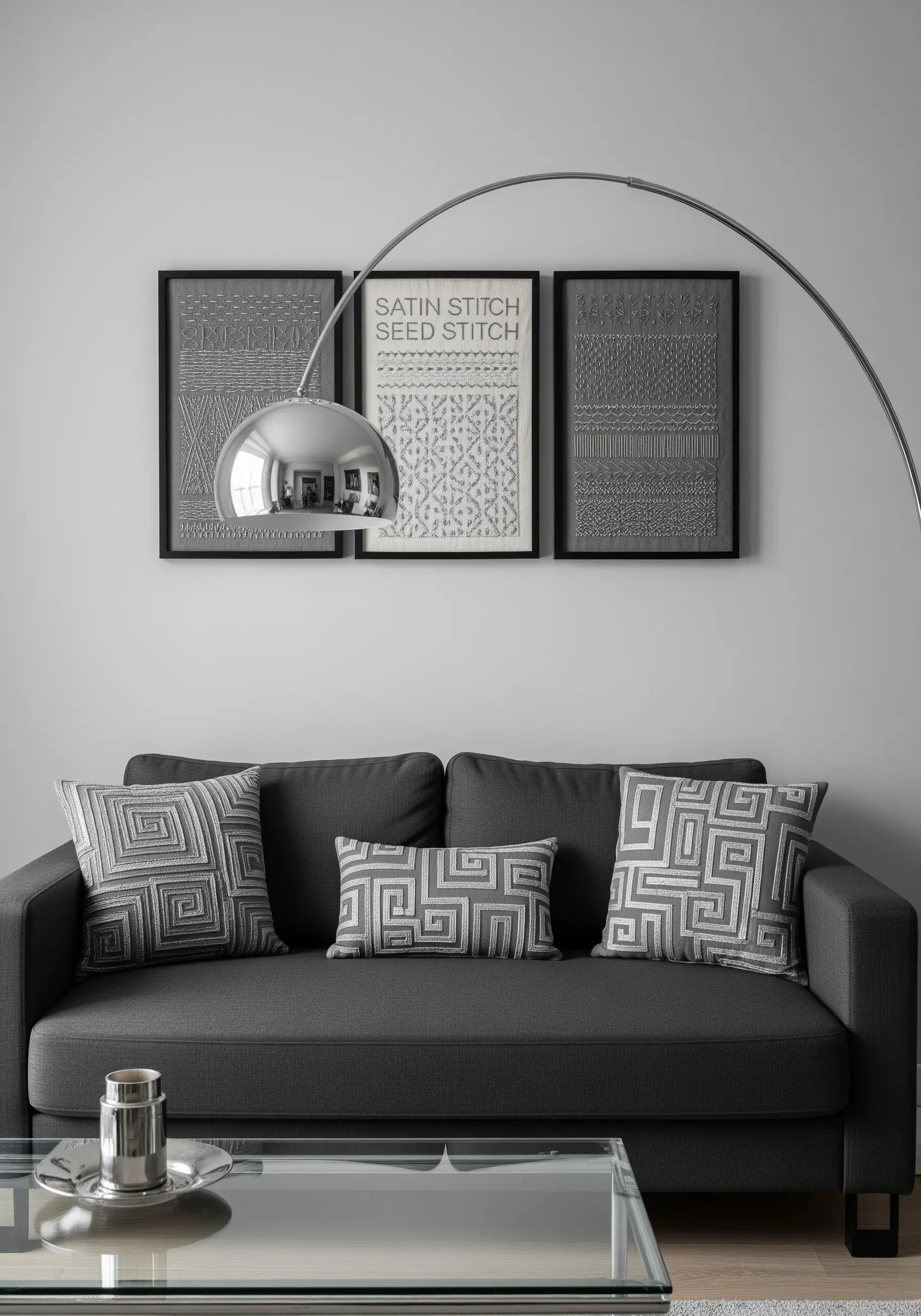 Three framed monochrome embroidery samplers showing different stitch textures.