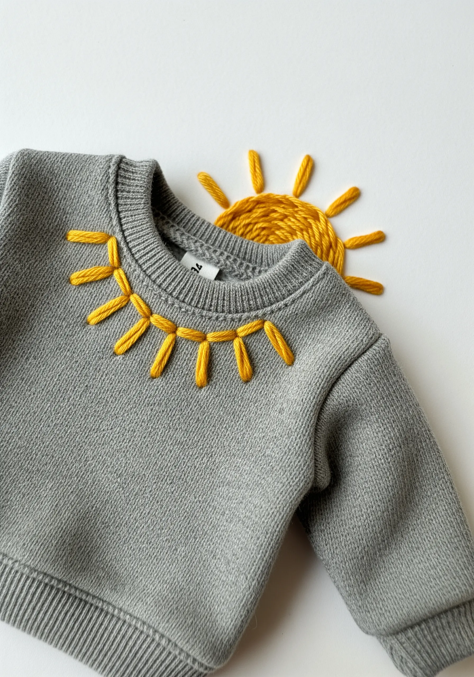 Detached chain stitches in bright yellow thread creating a sun motif around a collar.