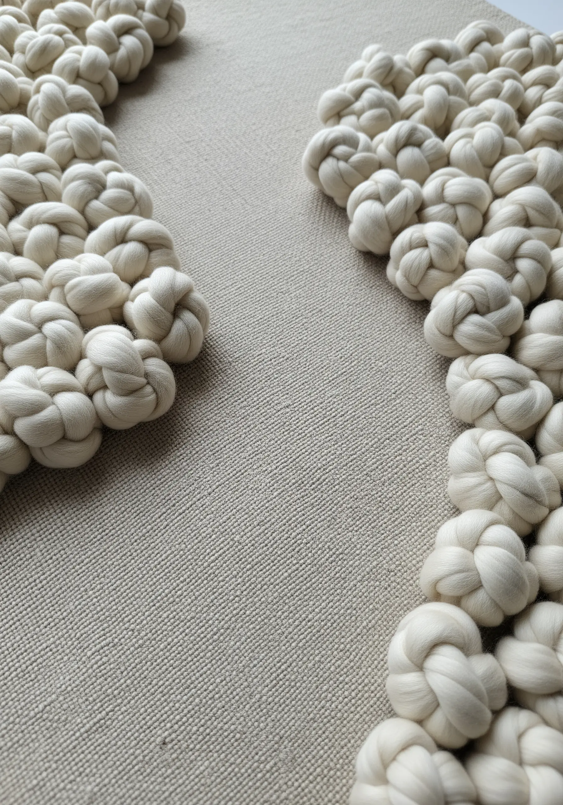 Thick, knotted white yarn creating a textured border against a plain canvas.