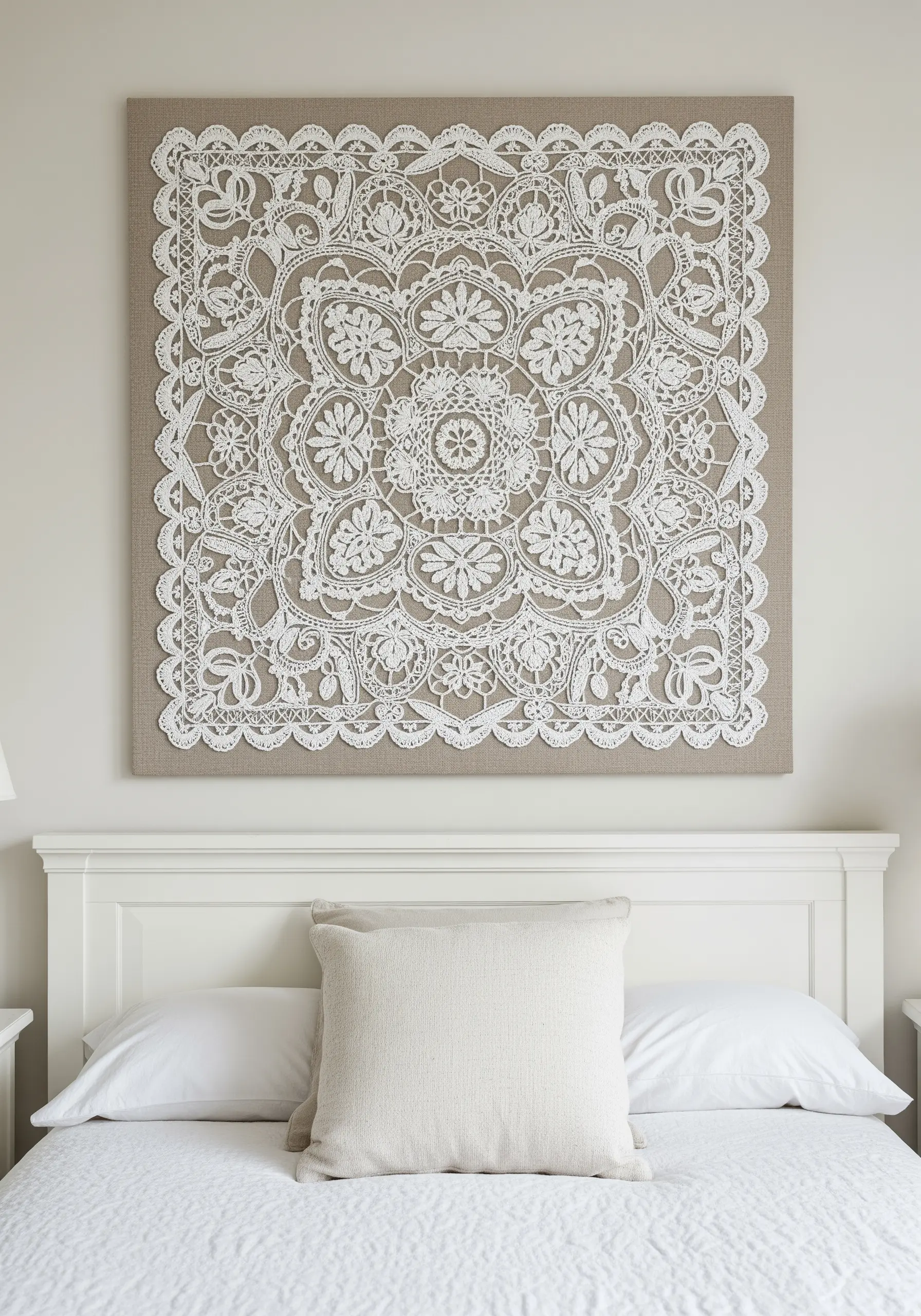 A large, intricate white lace doily mounted on neutral linen fabric as wall art above a bed.