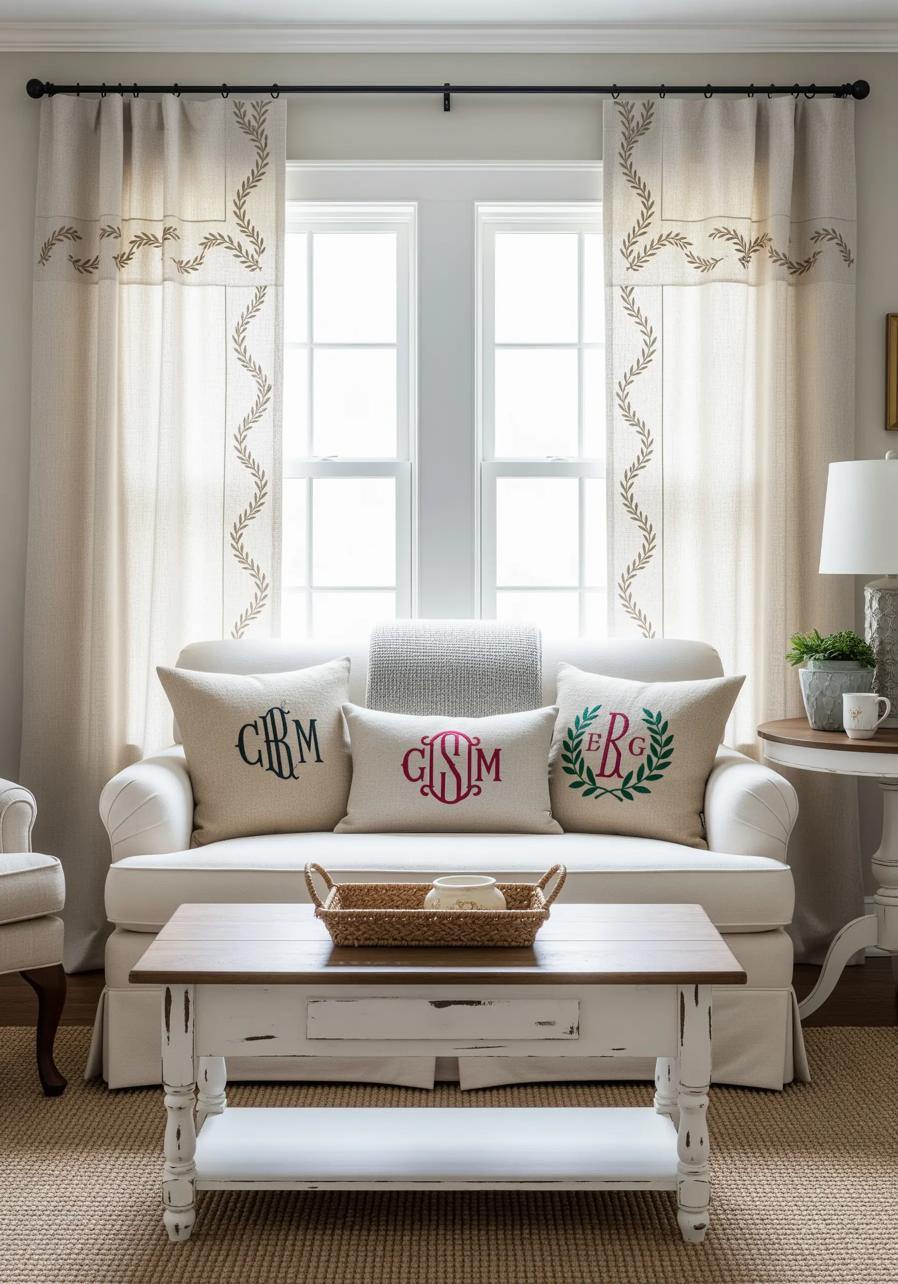 Linen curtains with embroidered leaf borders framing a window, with monogrammed pillows on the sofa.