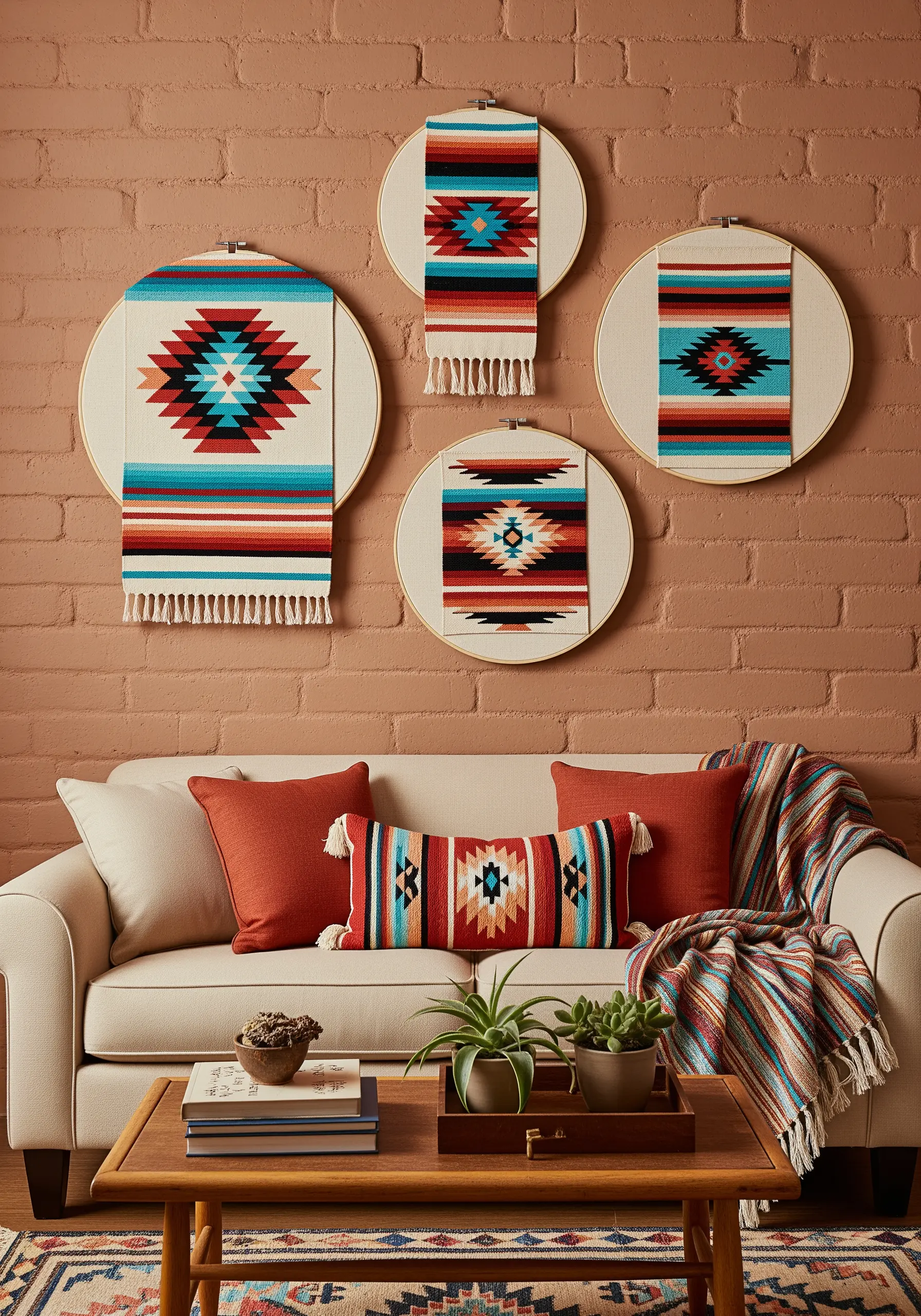 Four embroidery hoops of different sizes framing sections of Southwestern-style woven tapestries.