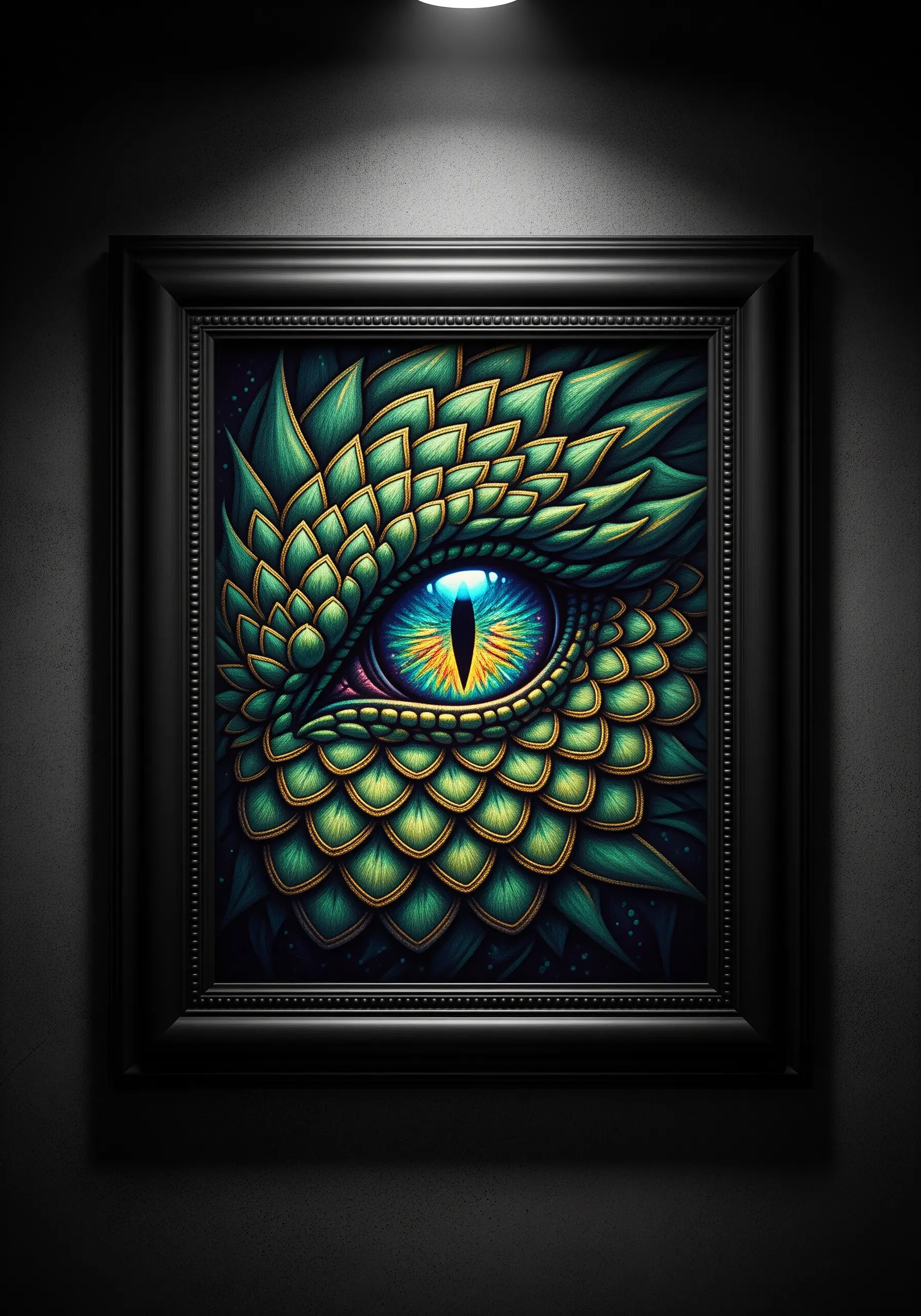 A detailed, framed embroidery of a green and gold dragon's eye.