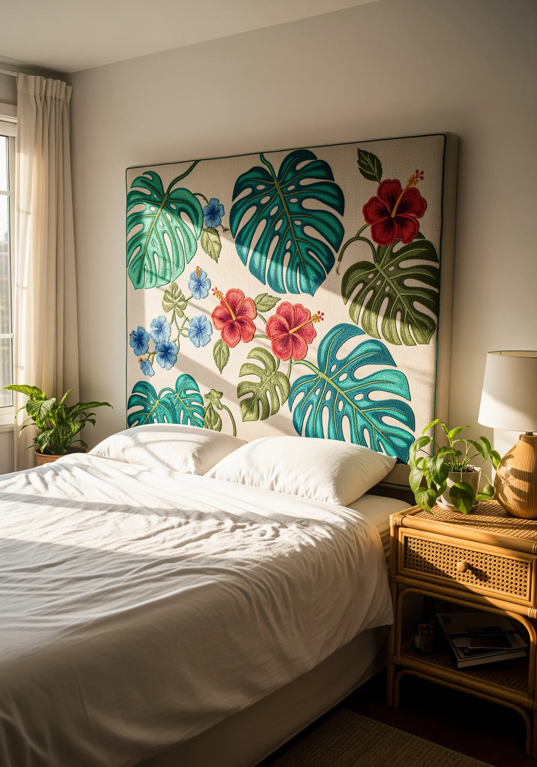An embroidered headboard with large green monstera leaves and red hibiscus flowers.