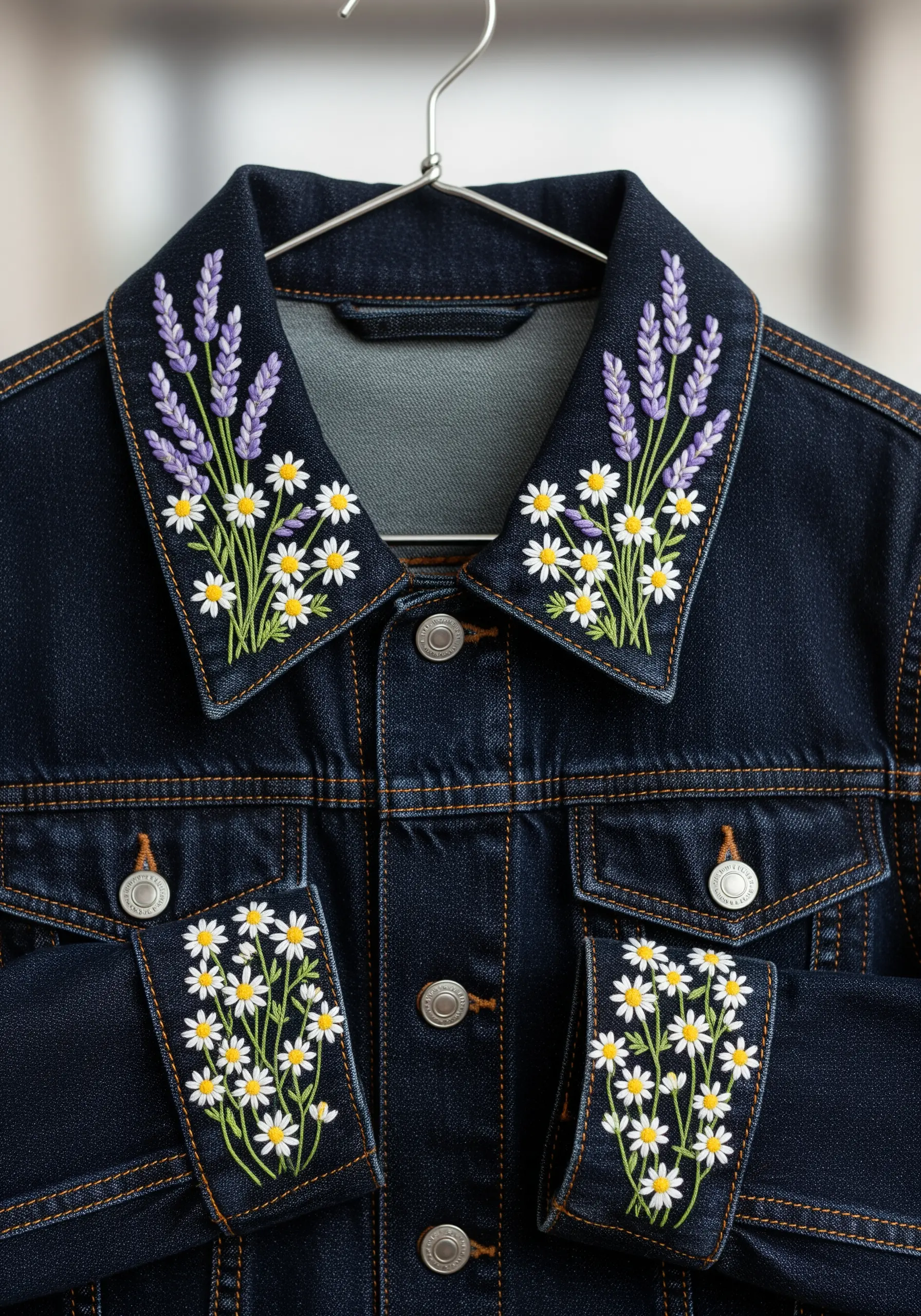 Lavender and daisy embroidery on the collar and cuffs of a dark denim jacket.