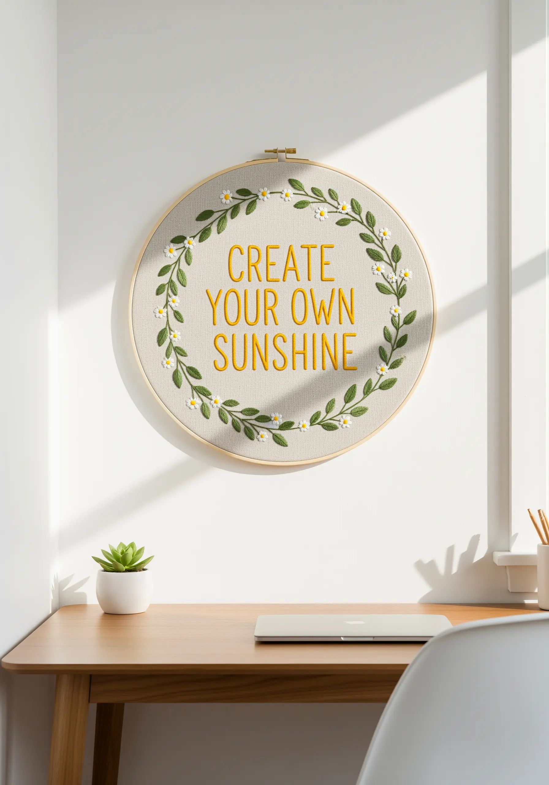 Inspirational quote embroidered in a hoop, framed by a delicate wreath of green leaves and daisies.
