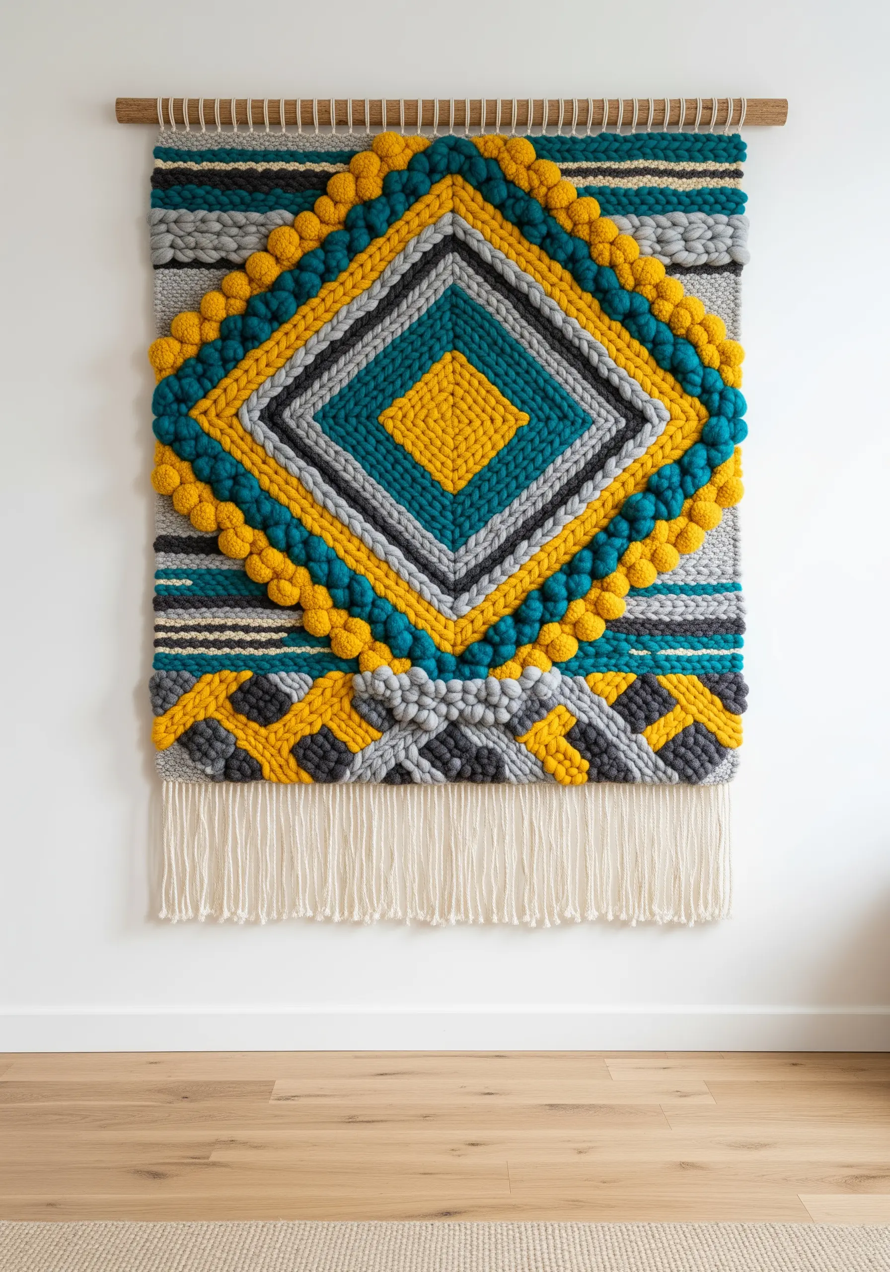 Woven wall hanging with yellow and teal geometric pattern and raised bobble textures.
