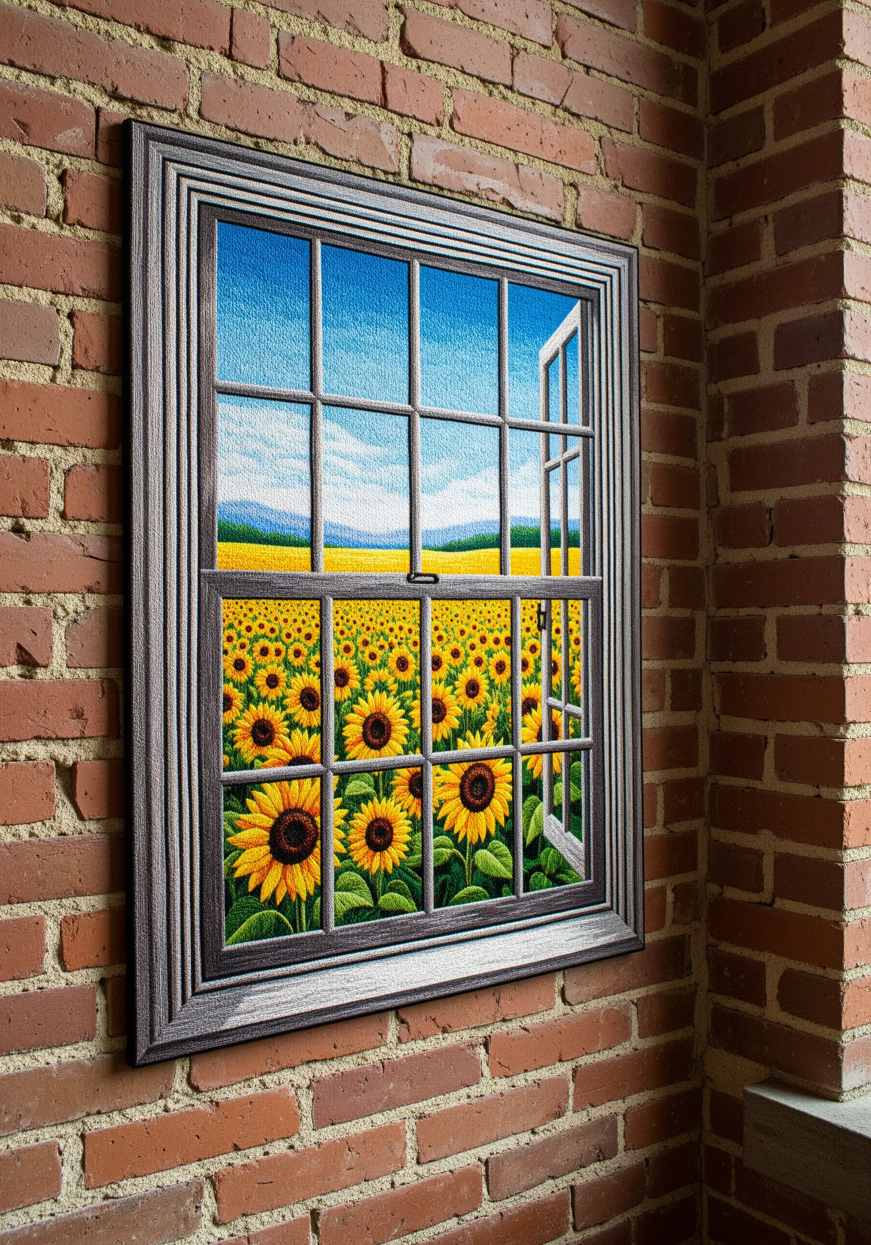 Embroidery of a window frame looking out at sunflowers