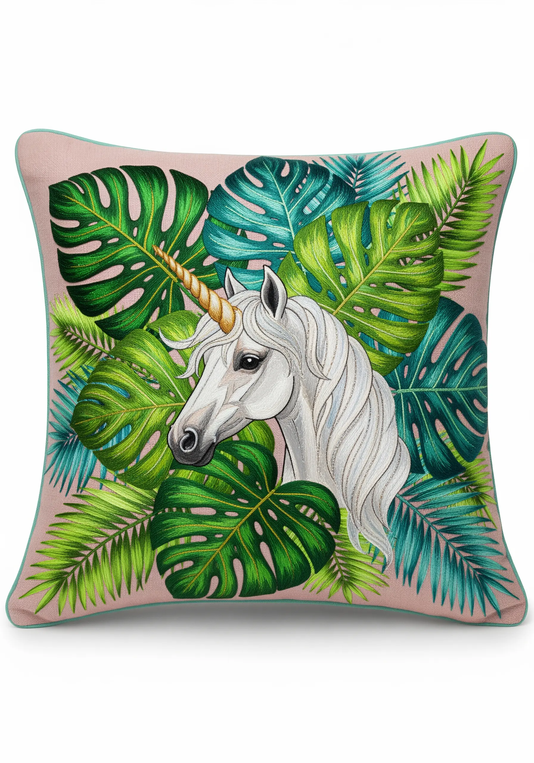 Unicorn head surrounded by lush, embroidered tropical leaves on a pink pillow.