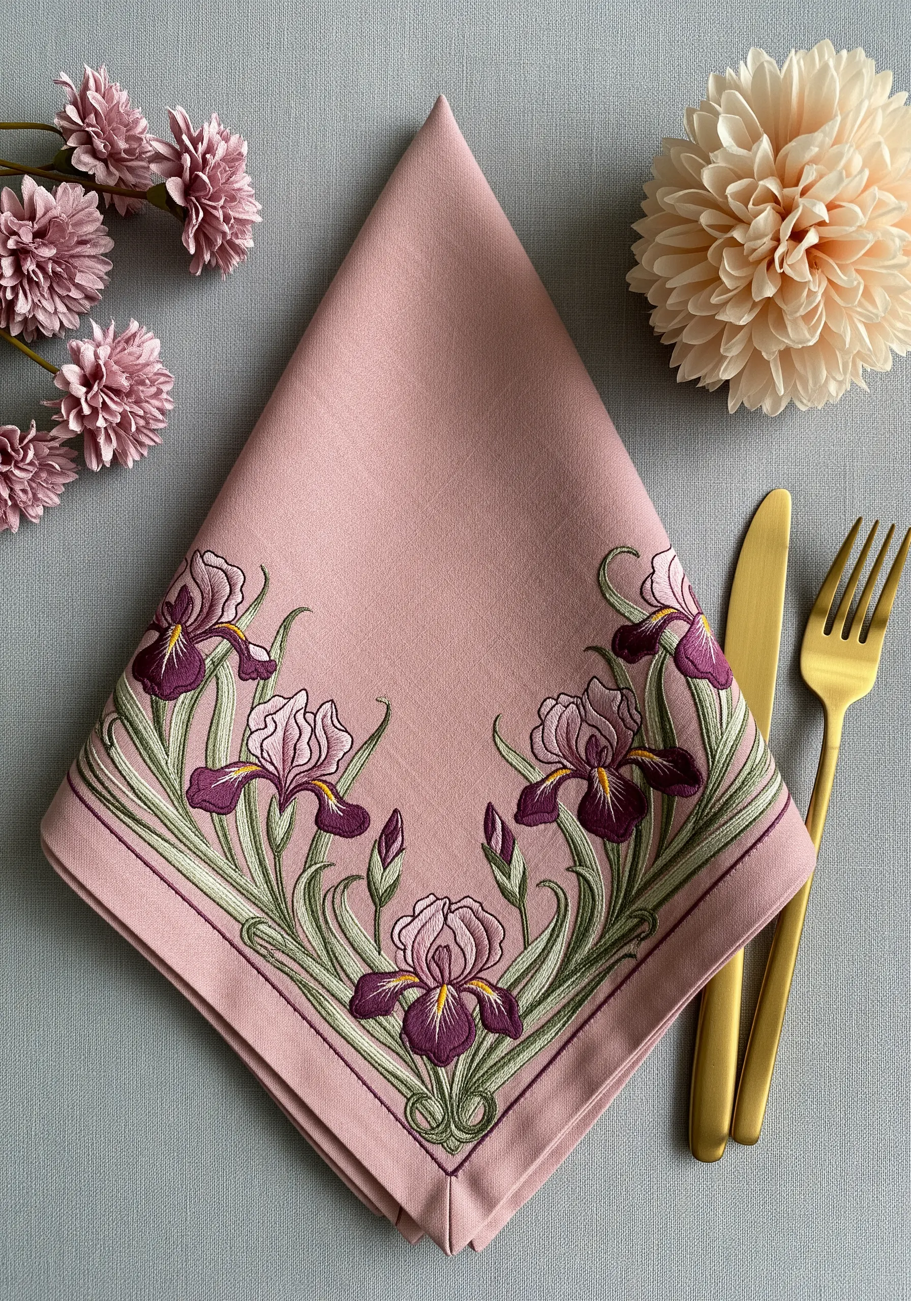 A dusty pink napkin embroidered with a border of elegant purple and white irises in an Art Nouveau style.