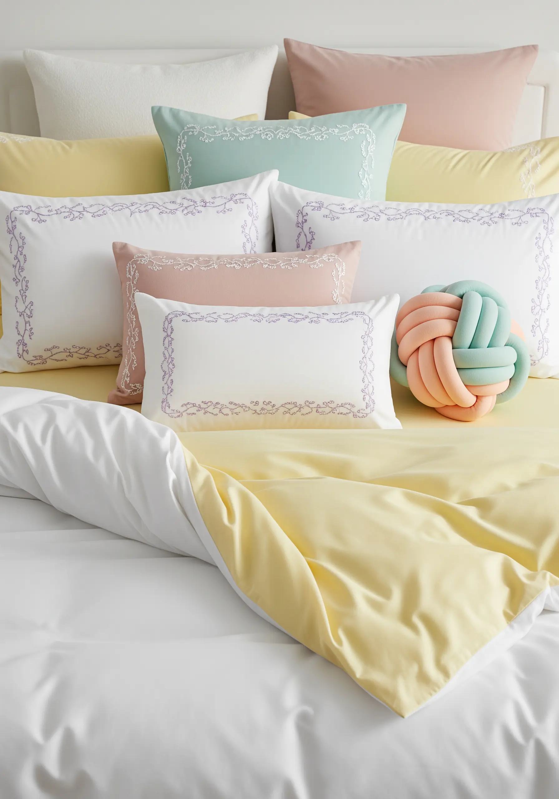Pastel pillowcases with delicate lavender and mint green embroidered vine borders.